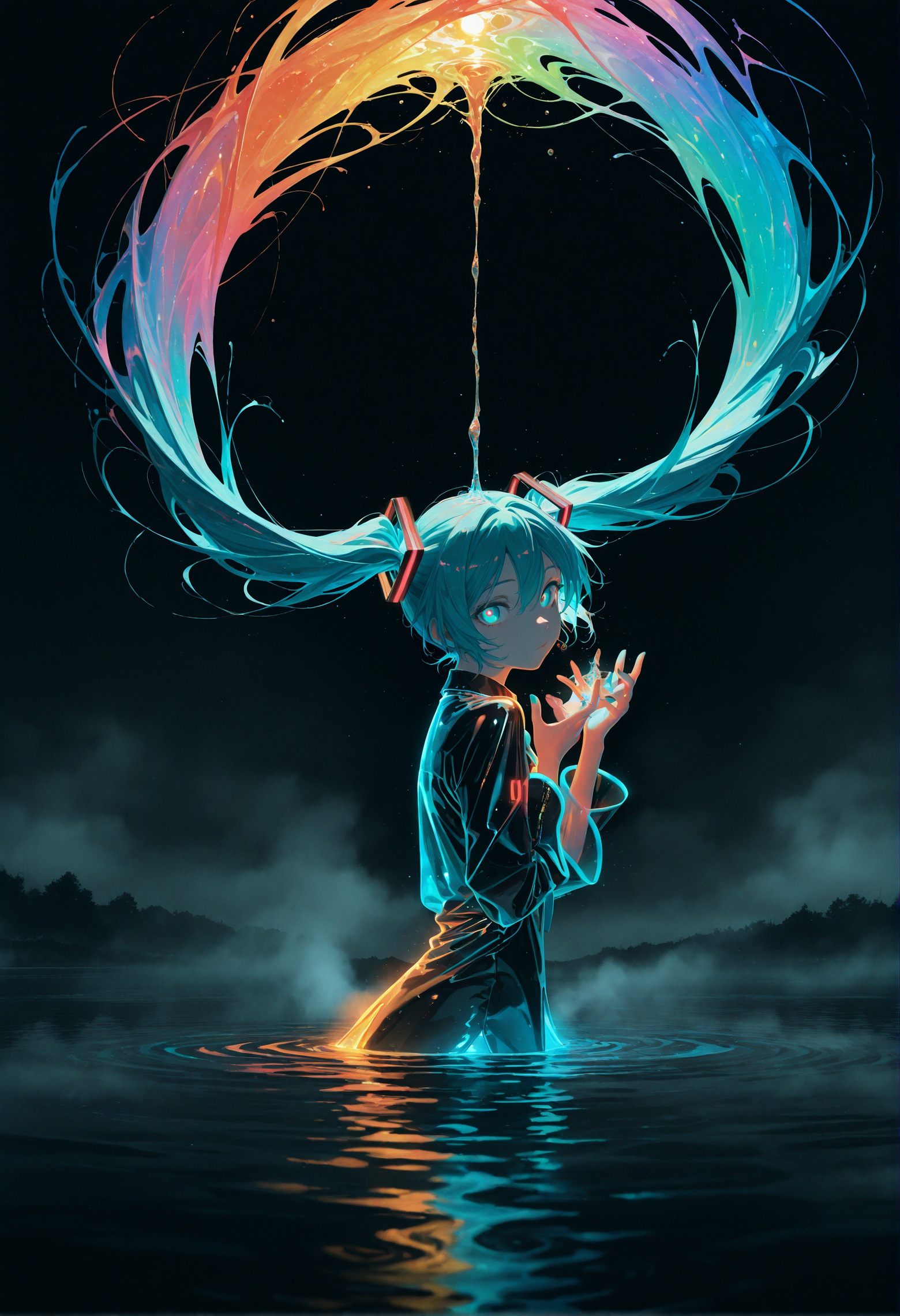 Hatsune Miku,limited palette,black background,colorful,vibrant,glowing outline,neon,blacklight,looking at viewer,fog,from_side,masterpiece,best quality,amazing quality,very aesthetic,absurdres,newest,scenery,impactful picture,offcial art,movie perspective,Holding the lake water,the fluorescent lake water,mercury,hands_focus,