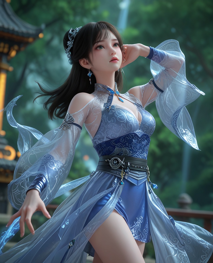 (oriental architecture, elegant decor, sophisticated style:1.1),(dancing, jumping:1.1),(breasts:1.2),<lora:XL百炼成神紫极阴体小玉:0.95>,miss xiaoyu,black hair,dress,long hair,jewelry,earrings,bare shoulders,hair ornament,hair bun,blue dress,clothing cutout,sash,, zPDXL2, score_9, score_8_up, score_7_up BREAK realistic, masterpiece,best quality, highly detailed,, zPDXL3, zPDXL2,zPDXL, zPDXLxxx, zPDXLrl,