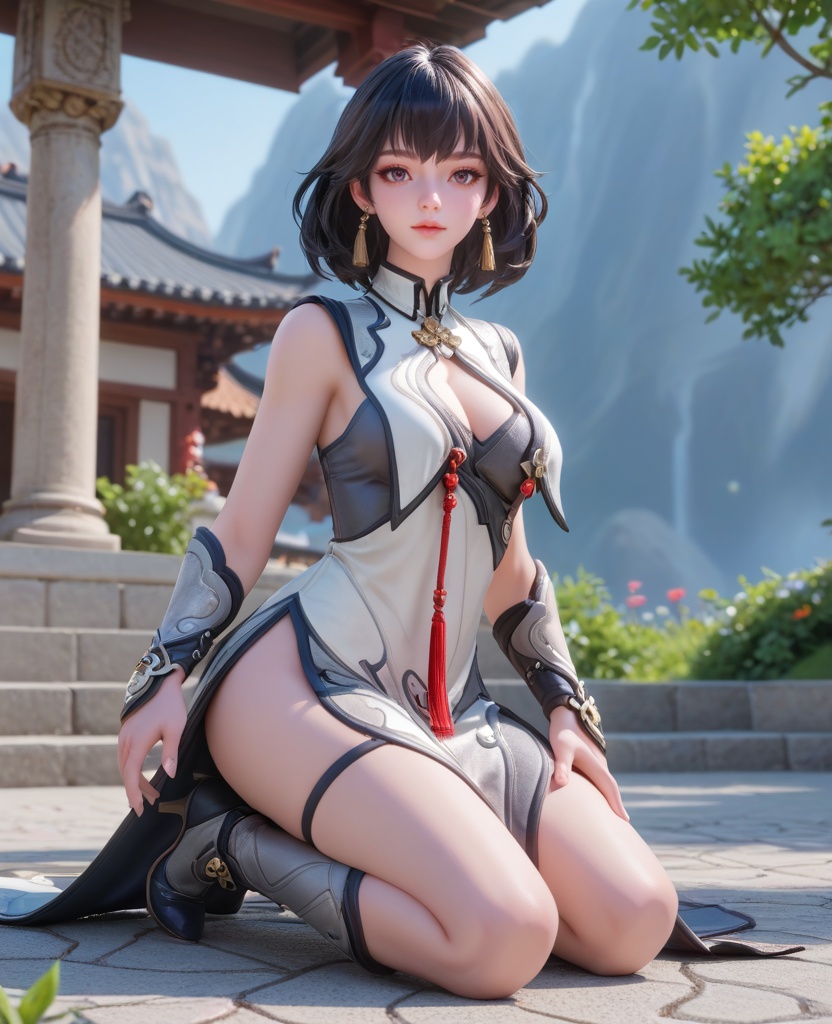 (oriental architecture, elegant decor, sophisticated style:1.1),(Kneeling with one knee on the ground, the other foot raised,:1.1),(large breasts:1.2),<lora:XL16王者荣耀元流之女流:0.95>,miss yuanliuzhinv,white paired with gray dress,shrug \(clothing\),purple eyes,black hair,short hair,tassel earrings,gauntlets,high heel boots,, score_9,score_8_up,score_7_up,score_6_up,score_5_up,score_4_up,3d rendering,tag1,tag2, Cinematic Lighting,backlighting,, zPDXL3, zPDXL2,zPDXL, zPDXLxxx, zPDXLrl,