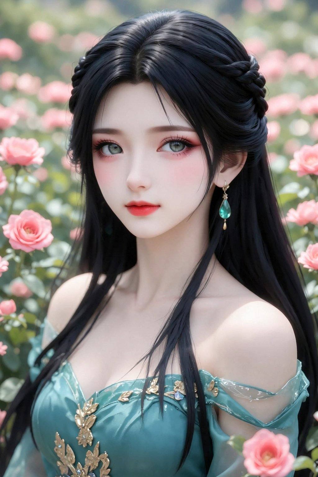 <lora:20260210_TinFlux2KleinAnimeLora2:1>, A portrait of a young Asian woman, rendered in a soft, idealized anime style. The woman appears in her early twenties, fair-skinned, with large, expressive gray-green eyes, subtly enhanced with makeup. Her long, flowing black hair is styled with a braided crown and cascading strands. She wears an elegant, ethereal teal-green dress with off-the-shoulder sleeves and a delicate neckline. The outfit is adorned with floral accents. Her lips are full and painted a vibrant red, and her cheeks are softly blushed. She wears a single earring with a teardrop-shaped turquoise accent. Her expression is serene and gentle, with a slight, inviting smile. She's surrounded by a field of soft pink roses, out of focus in the background. The lighting is soft and diffused, creating a dreamy, romantic atmosphere. The composition uses a shallow depth of field, bringing the woman into sharp focus while blurring the background. The overall mood is peaceful and idyllic, with a touch of fantasy. The image is reminiscent of romanticized classical paintings.
