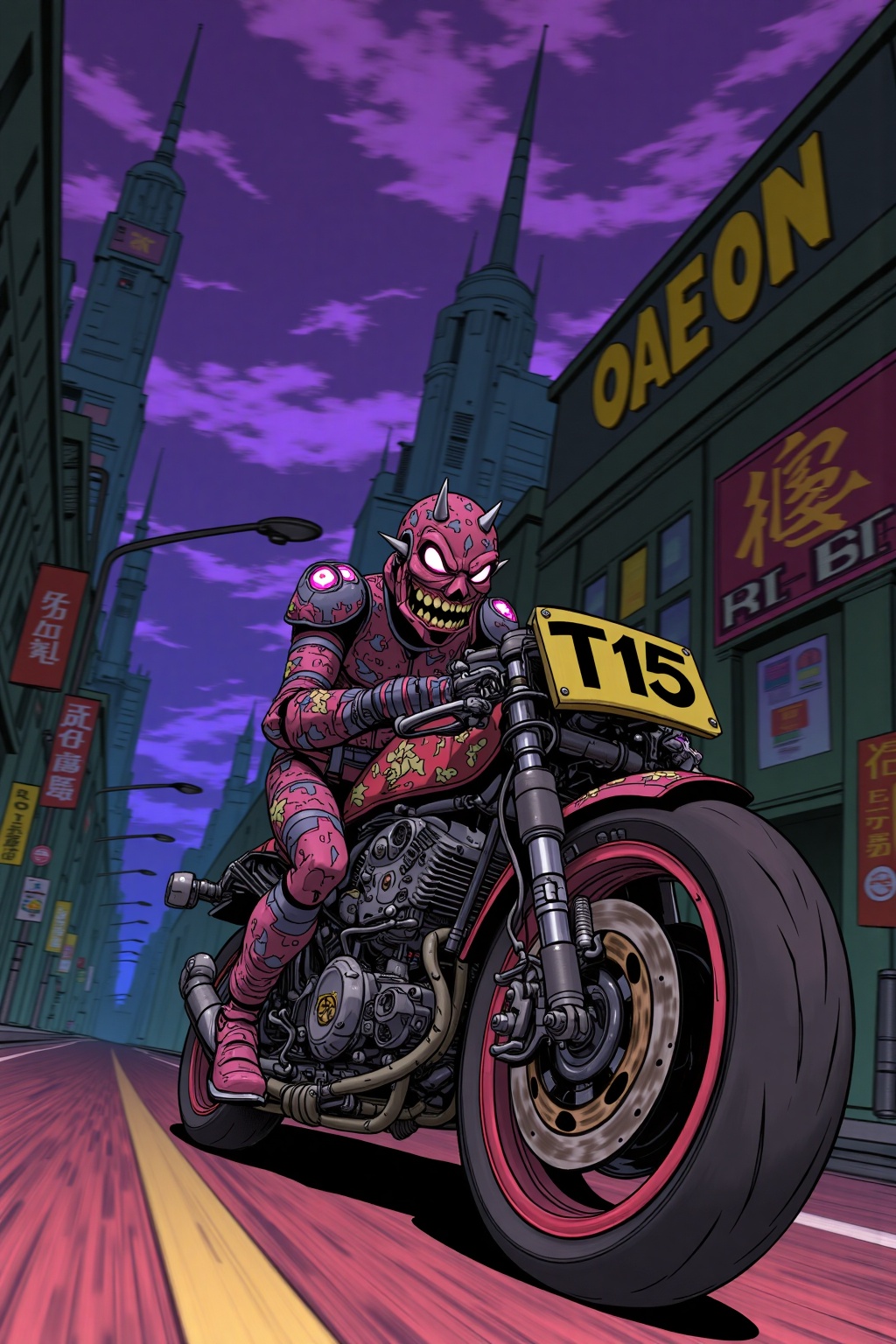beijihui,Captured at eye-level, a cartoon drawing of a demon riding a motorcycle on a city street at night. The bike is adorned with a yellow sign that reads "T15" in bold black letters. The rider's helmet, adorned with pink lights, is adorned in a red demon-**** mask, adding a pop of color to the scene. To the right of the rider, a green building adorned with the word "OAEON" in yellow letters, stands out against the backdrop of a purple sky filled with purple clouds.