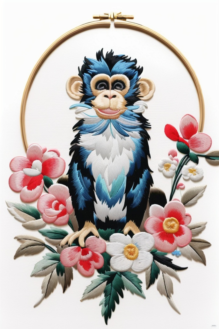 ((HRD, HUD, 8K)),((masterpiece, best quality)), highly detailed,Embroidery, flower, no humans, white background, monkey, leaf, simple background, white flower, animal, full body, looking at viewer, closed mouth, <lora:20240520-1716211516835:0.9>