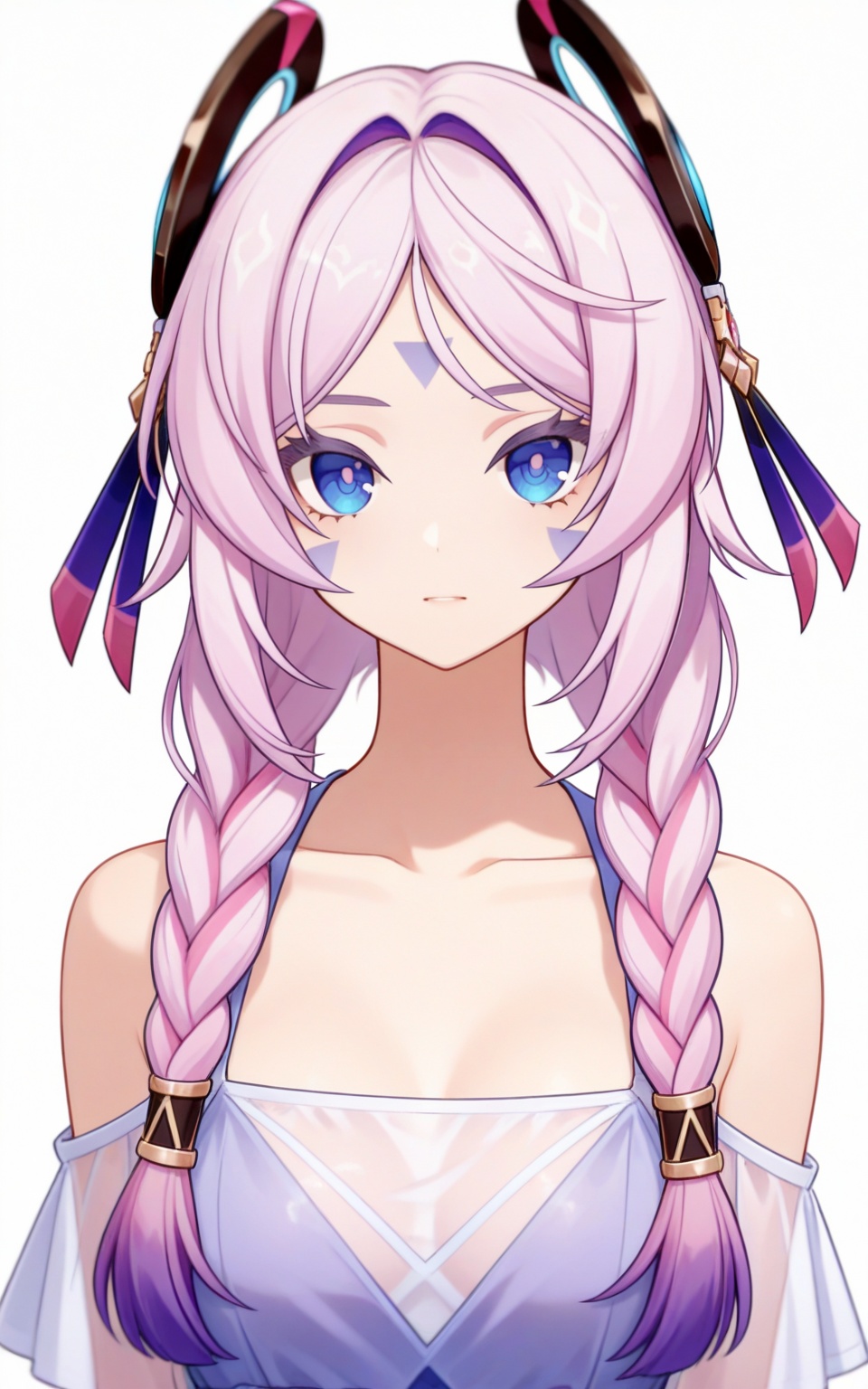 depth of field,masterpiece,best quality,very aesthetic,alternate costume,alternate costume,2024,2023,perfect composition,ultra-detailed,extreme aesthetic,masterpiece,best quality,good quality,newest,year 2024,year 2023,very aesthetic,absurdres,looking_at_viewer,colorful,white_background,simple background,upper_body,see-through,dress,<lora:茜特拉莉·衣服百搭款ILL:0.8>,citlali \(genshin impact\),pink hair,purple hair,multicolored hair,long hair,facial mark,blue eyes,headgear,hair_ornament,twin braids,