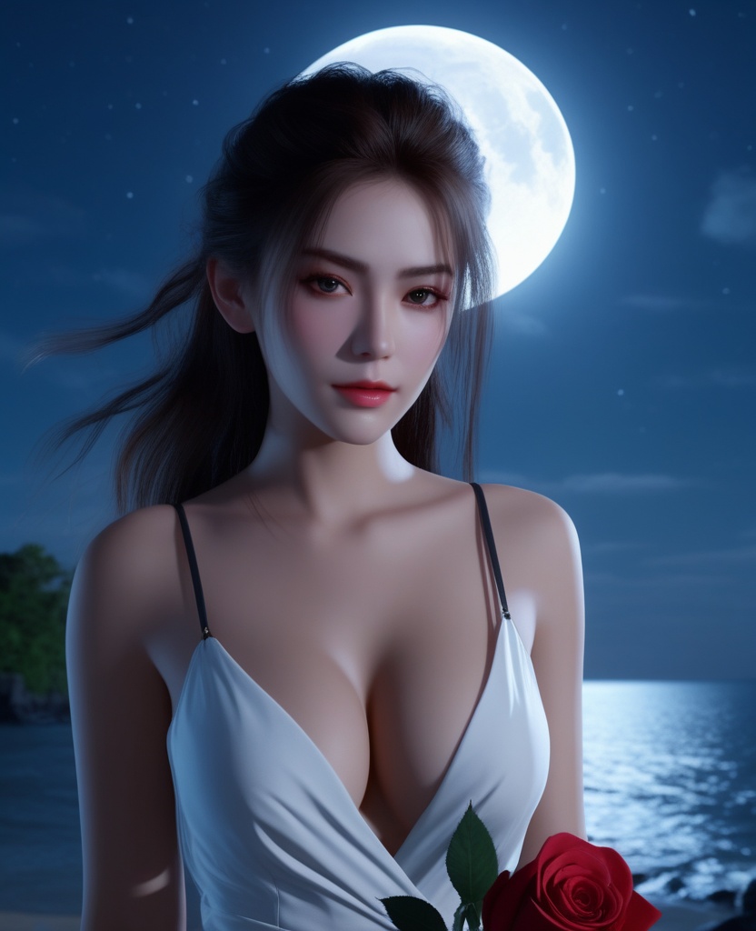 <lora:609-DA-XL-天行九歌-焰灵-水中:0.8>(,1girl, ,best quality, ),looking at viewer,masterpiece, (( , )),, realistic,science fiction,mole, ultra realistic 8k cg, moonlight,full moon,  rose,(cleavage), (),