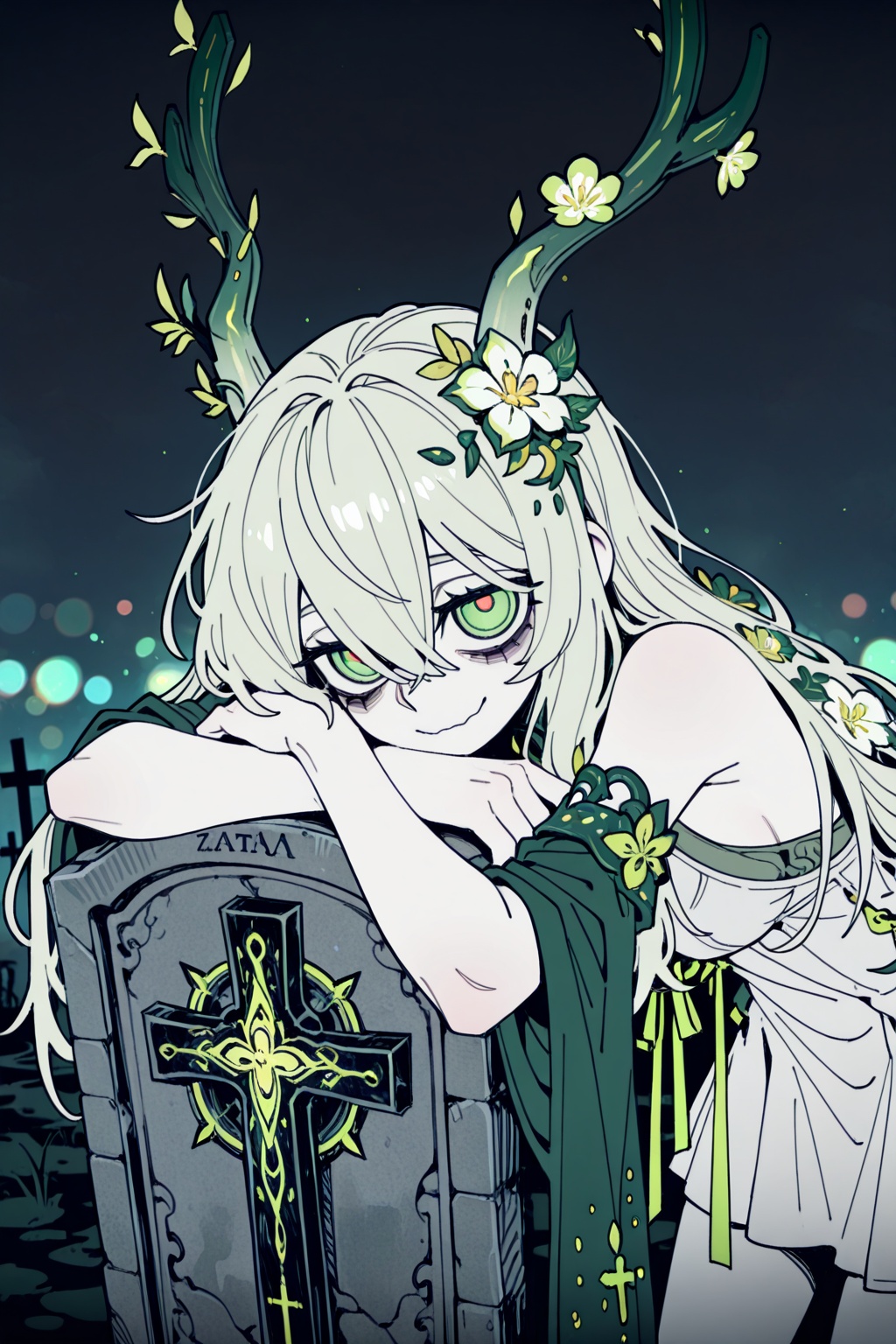 8k,best quality,masterpiece,(ultra-detailed),(high detailed skin),(artist:reoen:0.5),(artist:machi:0.5),<lora:VanripperIllustriousXL_byKonan:0.8>,vanripper,very aesthetic,bokeh,(flat color,line draft:1.2),(realistic background:0.6),<lora:jiaocha_illustriousXL:0.4>,absurdres,very awa,perfect composition,highly detailed,artist:imazawa,artist:Syvaron,<lora:vivid:0.8>,<lora:spo_sdxl_10ep_4k-data_lora_webui:1>,graveyard,simple background,tombstone,abstract background,hromatic aberration,1girl,solo,upper body,deformed,big eyes,detailed eyes,depressed,bags under eyes,leaning forward,elbow rest,looking at viewer,hair between eyes,long bangs,csad smile,stifled laugh,cross,long nails,skinny,hugging object,white skin,<lora:weimo-noob-Tanger-000013:0.8>,weimo \(book of yog\),weimodef,clothes: weimodef clothes,weimodef green-and-white dress,weimodef green ribbon,weimodef flower hair ornament,weimodef white pantyhose,weimodef detached sleeves,weimodef green-and-white deer,