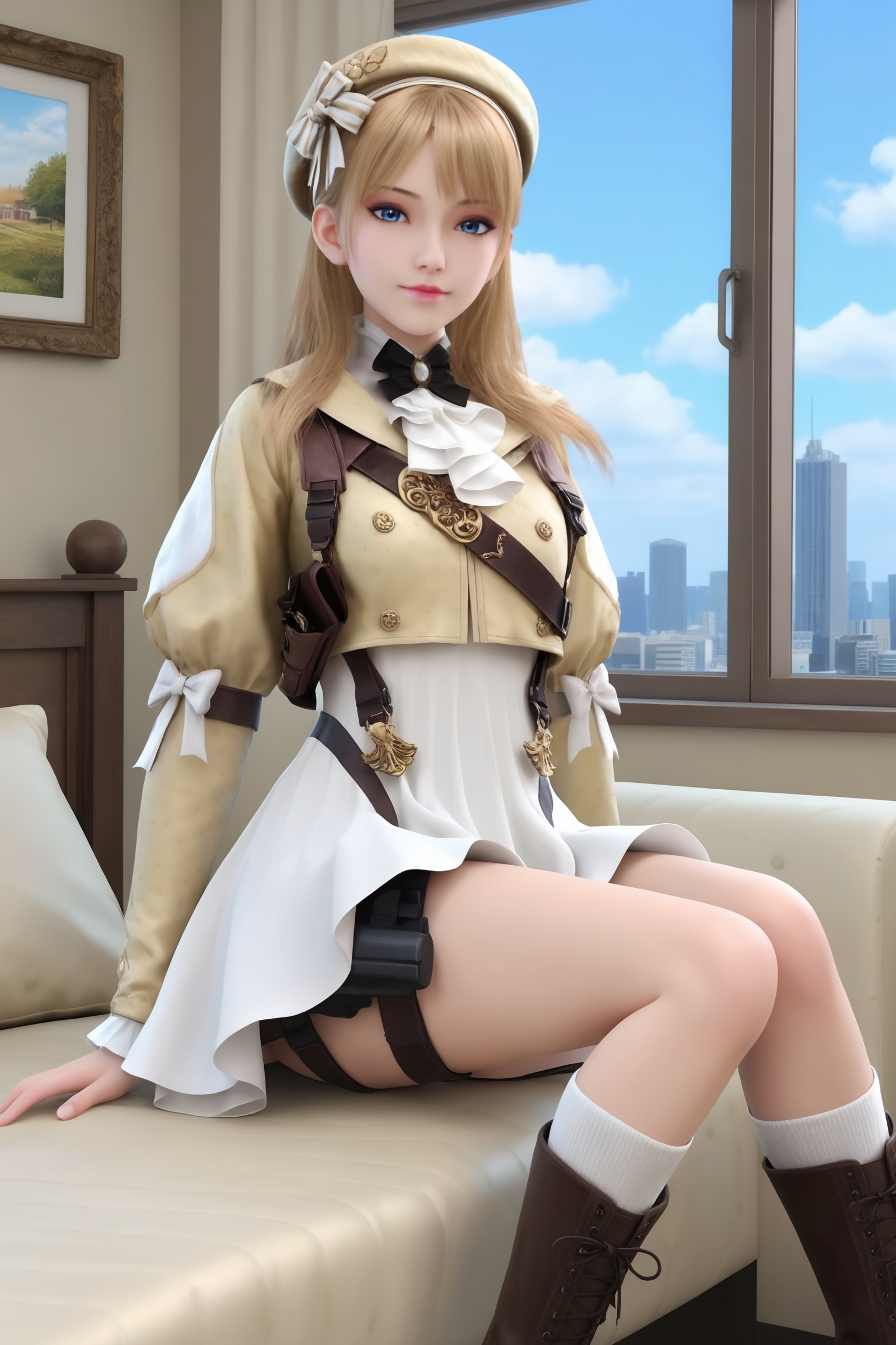 1girl,solo,sitting,window,frills,sky,cloud,indoors,cityscape,closed_mouth,sun,looking at viewer,<lora:CF-云悠悠潜伏者Pony:0.7>,1girl,long,flowing blonde hair,beige beret,beige,ornately detailed jacket with gold accents,high collar,white,high-waisted dress,brown leather straps across,utility belt with pouches and a small pistol,knee-high,lace-up brown boots,white knee-high socks.,