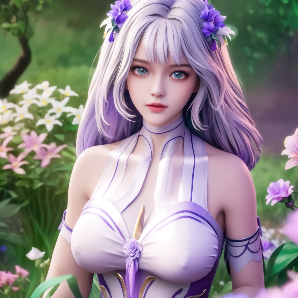 <lora:神印王座-小甜椒:0.8> (,1girl, ,best quality, ),looking at viewer,  ,ultra detailed 8k cg,ultra detailed background,ultra realistic 8k cg,1girl, solo,(bare shoulders:0.85),(masterpiece, best quality),((oil painting style)),sexy young lady,(beautiful face and eyes),(upper body:1.5),(whole body:1.05),(single person:1.2),surrounded by flowers, (lily), roses, floret, vegetation, white, purple, purplish pink,Impressionism,colorful,(Breast size:1.3),(cleavage),