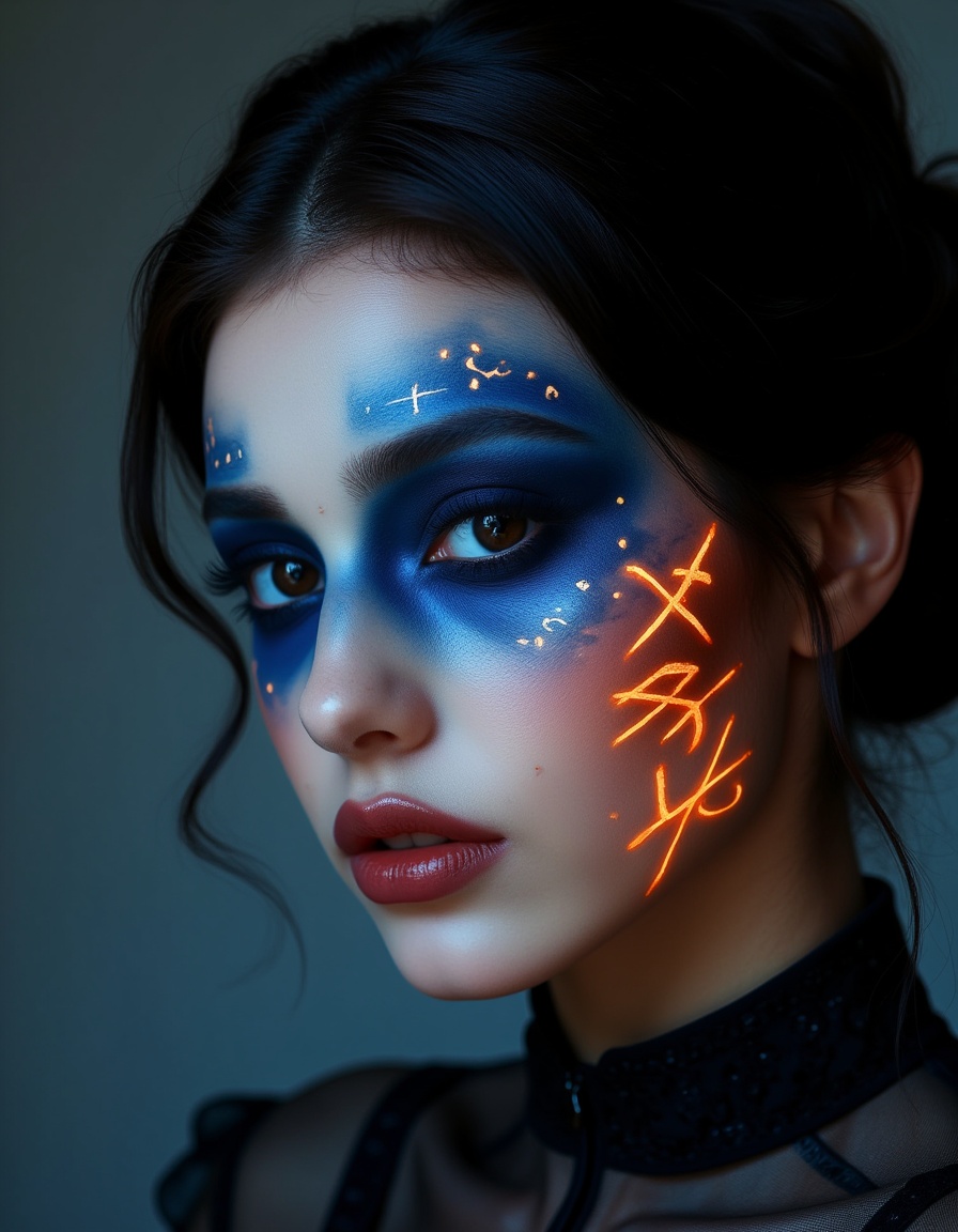 Halloween makeup,Ultra-clear facial details,A young woman,her face a canvas of Halloween artistry,imbued with a mysterious air. Bold,contrasting makeup,combining deep blues and fiery oranges,creates a striking visual effect. Intricate patterns of glowing runes are intricately etched onto her cheeks,adding a touch of magic and otherworldly beauty. Her dark hair is styled in a sophisticated updo,enhancing the overall allure and mystique of the portrait.,