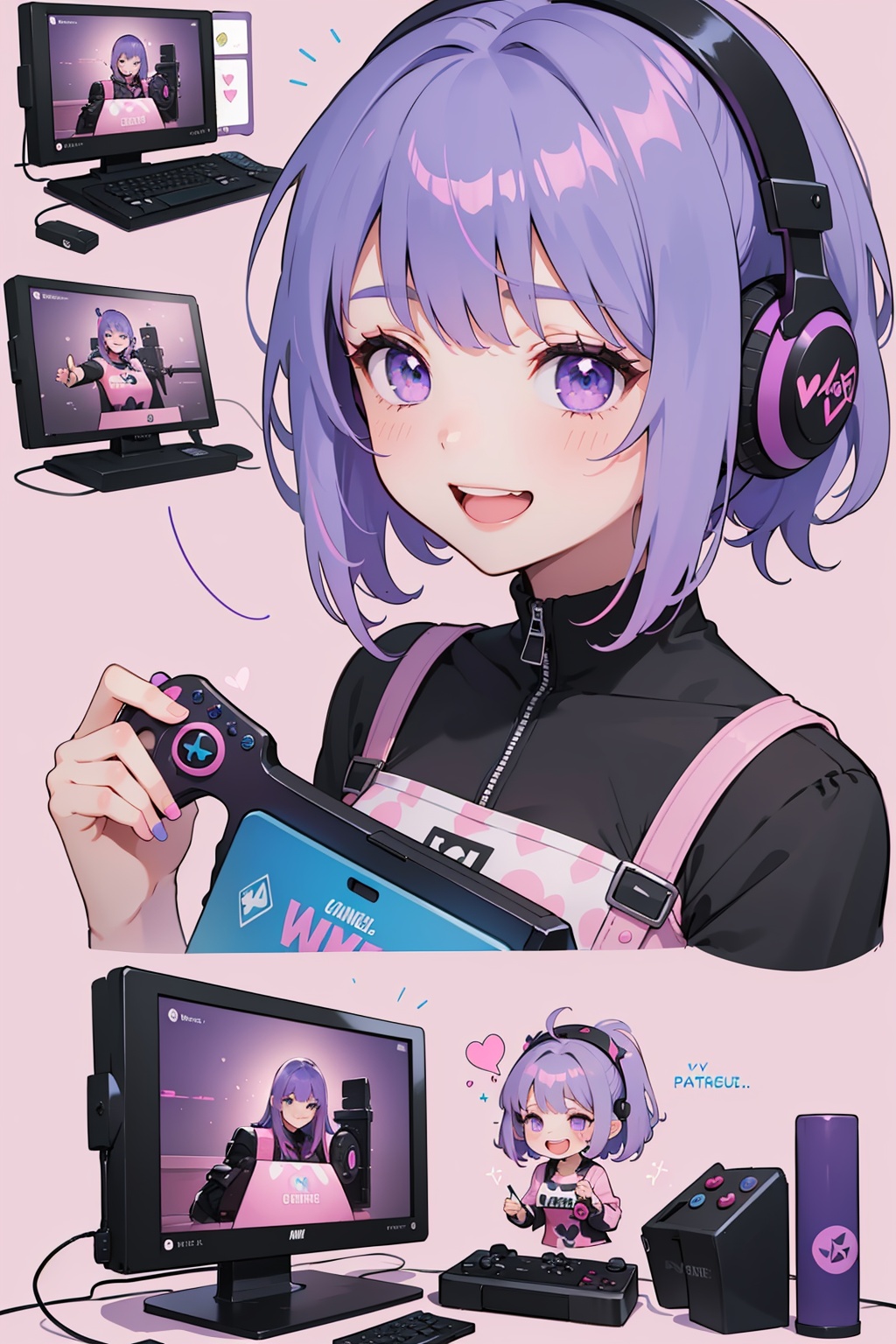 ( 1girl is happy and laughing) ((Pure purple and pink background:1.2)),A girl with vibrant blue hair,adorned with gaming  paraphernalia,looks contemplatively aside. (She's surrounded by a collage of video game references,emphasizing a love for gaming culture:1).,