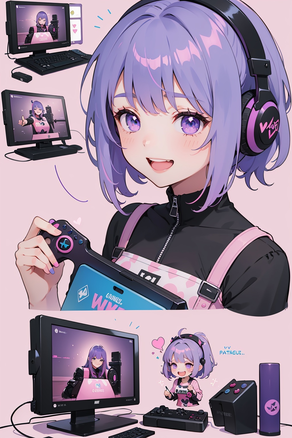 ( 1girl is happy and laughing) ((Pure purple and pink background:1.2)),A girl with vibrant blue hair,adorned with gaming  paraphernalia,looks contemplatively aside. (She's surrounded by a collage of video game references,emphasizing a love for gaming culture:1).,