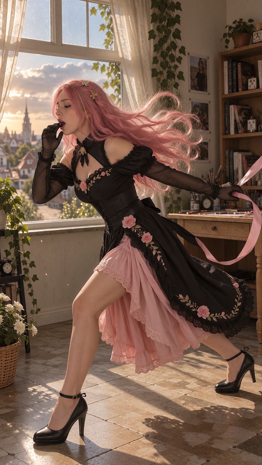 PukiX,  pink hair A photorealistic photo of a 20-year-old ***** woman in a craft table,  framed as a cinematic action loca...