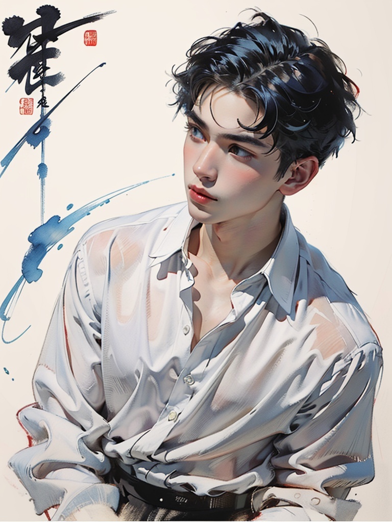 Chinese ink and wash,Chinese ink and wash,1boy,solo,Cool eyes,boyish face,male focus,white background,blue eyes,simple background,closed mouth,upper body,short hair,thick eyebrows,blue hair,white shirt,sketch,