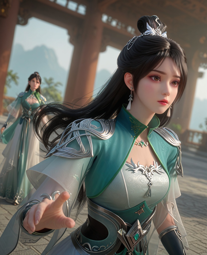 (oriental architecture, elegant decor, sophisticated style:1.1),(Power Stance, Feet shoulder-width apart, fists clenched at the sides, chest forward, and head held high,:1.1),(breasts:1.2),<lora:XL百炼成神路人欣欣:0.95>,miss xinxin,black hair,jewelry,dress,earrings,long hair,hair ornament,hair bun,necklace,green dress,brown eye,, zPDXL2, score_9, score_8_up, score_7_up BREAK realistic, masterpiece,best quality, highly detailed,, zPDXL3, zPDXL2,zPDXL, zPDXLxxx, zPDXLrl,