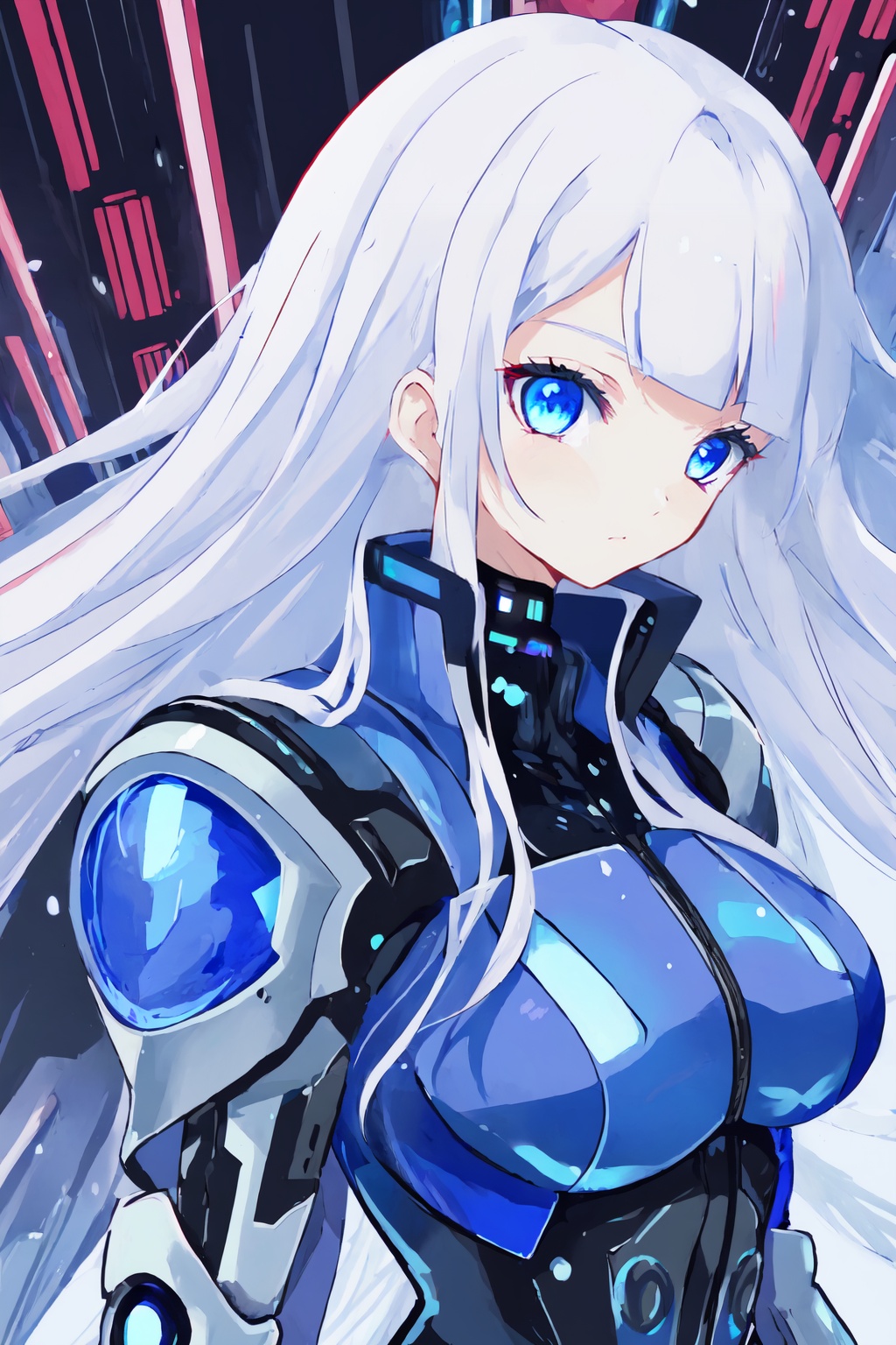 1girl,bishoujo,full_power_armor,long hair,white hair,blue eyes,cyberpunk,