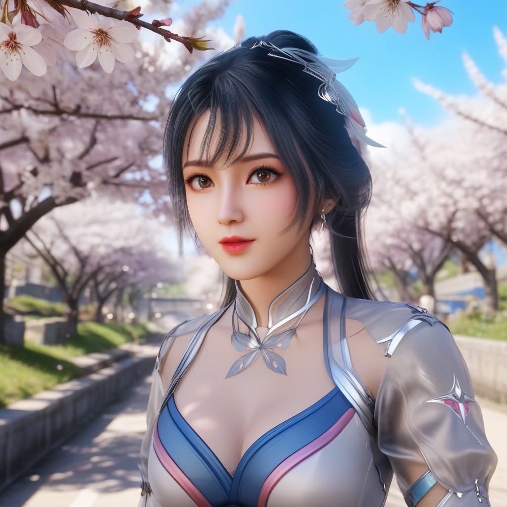 <lora:707-DA-XL-斗罗大陆-唐舞桐:0.8>(,1girl, ,best quality, ),looking at viewer,  ultra detailed background,ultra realistic 8k cg,ultra detailed 8k cg,masterpiece,upper body,  (( , )),, ,science fiction,mole, ultra realistic 8k cg, ,    ,outdoors, sun,sunlight, cherry blossoms,      (cleavage), (), 