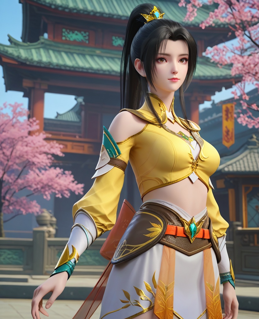 (oriental architecture, elegant decor, sophisticated style:1.1),looking over her shoulder,(breasts:1.2),<lora:XL16大主宰叶轻灵:0.95>,miss yeqingling,yellow crop top,brown eyes,black hair,long hair,high ponytail paired with front strands,hair ornament,white miniskirt,sash,bracer,white boots,bow,shoulder cutout,, zPDXL2, score_9, score_8_up, score_7_up BREAK realistic, masterpiece,best quality, highly detailed,, zPDXL3, zPDXL2,zPDXL, zPDXLxxx, zPDXLrl,