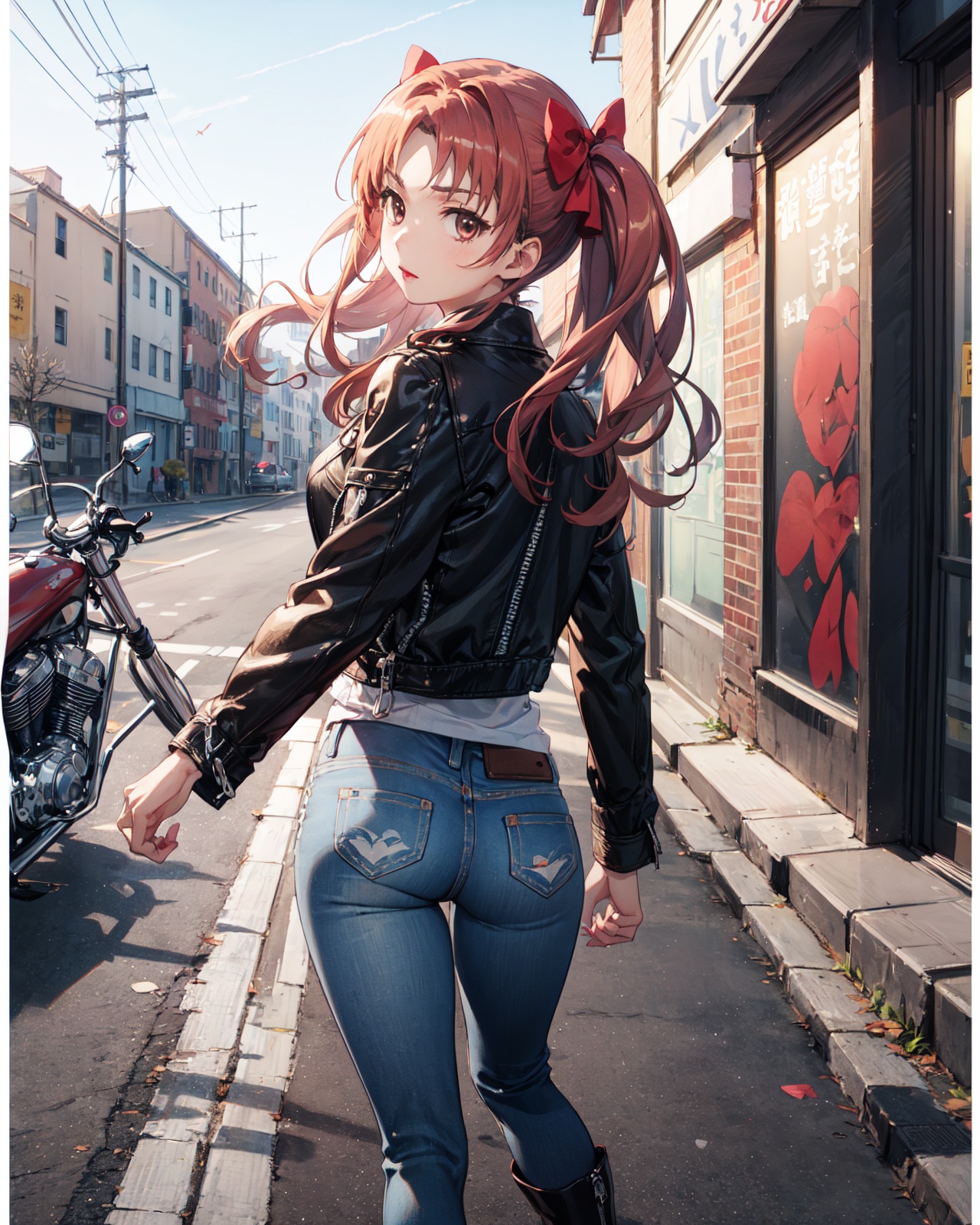 <lora:Kuroko-000003:0.8>,Kuroko CYQL,1girl,looking at viewer,solo,long hair,twintails,brown hair,brown eyes,bow,hair bow,wavy hair,(Leather_biker_jacket:1.4),(Distressed_jeans:1.3),(Studded_ankle_boots:1.2),(Street_graffiti_background:1.4),(Tsundere:1.2),beautiful face,beautiful eyes,glossy skin,shiny skin,(full_shot,from_back,jumping:1.2),arms at sides,Spanish vineyard, Wine tasting, Twilight, Vineyard rows, Pleasure,plum_blossom,beautiful detailed sky,beautiful detailed glow,(English text:1.3),(border:1.5),posing in front of a colorful and dynamic background,(masterpiece, best quality, beautiful and aesthetic:1.3),contrapposto,female focus,fine fabric emphasis,wallpaper,fashion,Lipstick,depth of field,intricate_detail,finely_detailed,fine_fabric_emphasis,(glossy),<lora:增强减少细节add_detail:0.4>,