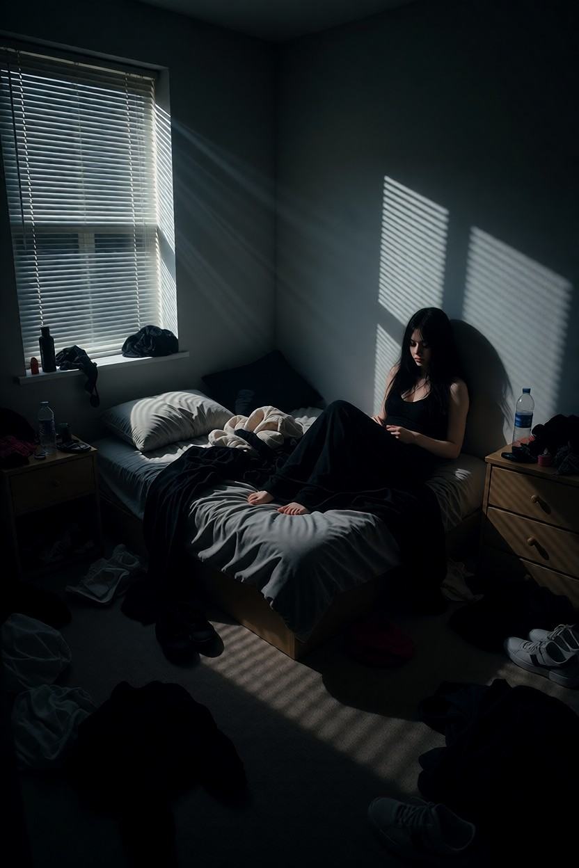 A dark,  messy bedroom at night,  clothes scattered across the floor on Tensor.Art