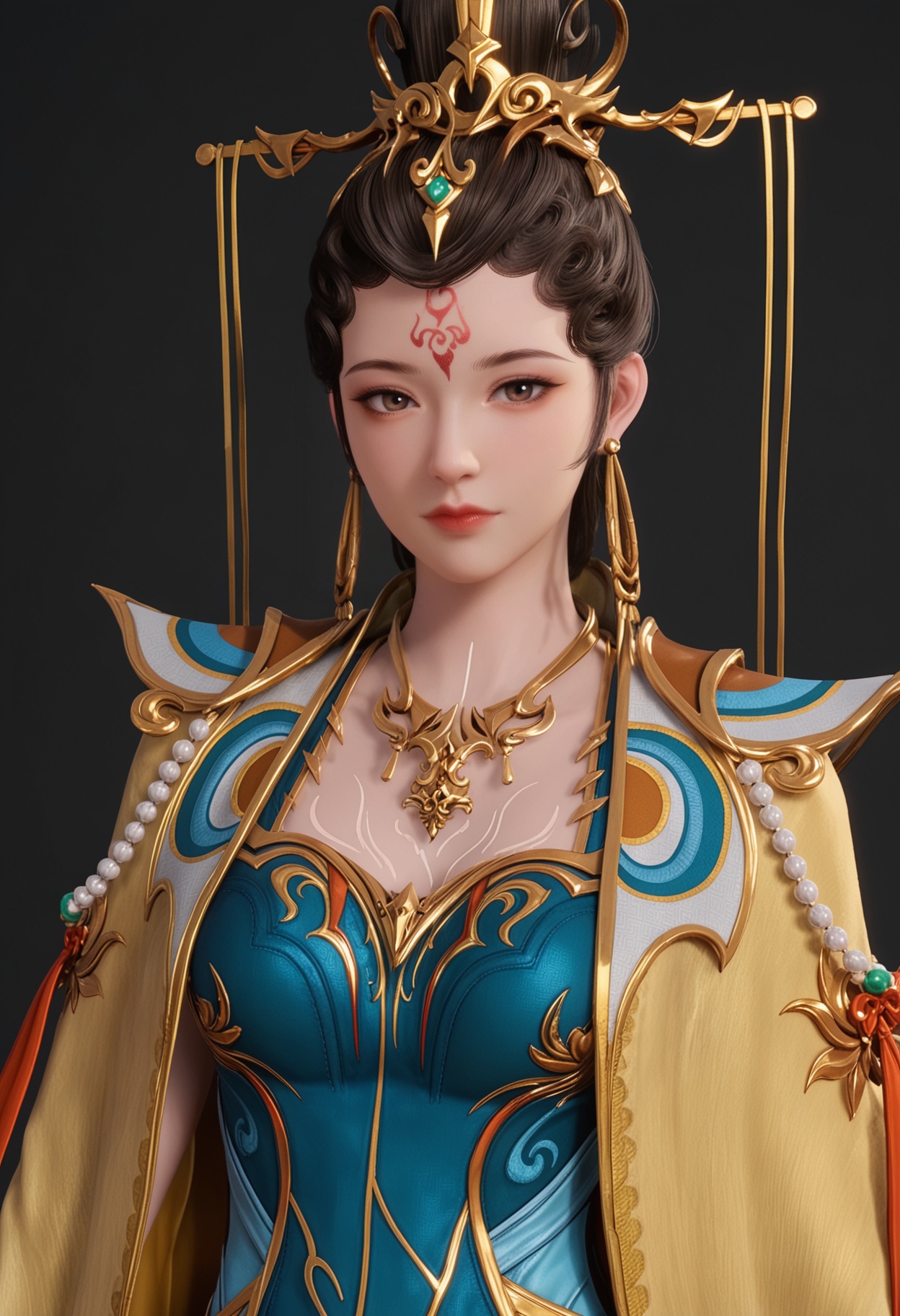 (perfect_anatomy:1.1),(cowboy shot:1.1),<lora:YQ_pony_nvwa_V4:0.8>,q1528437228,solo,jewelry,1girl,black hair,earrings,brown eyes,forehead mark,hair ornament,brown hair,necklace,dress,hair bun,chinese clothes,long hair,bracelet,blue dress,long sleeves,wide sleeves,cape,robe,single hair bun,facepaint,short hair,updo,armor,hat,black eyes,(looking_at_viewer:1.1),perfect_anatomy BREAK perfect_anatomy,solo focus,(score_9:1.2),masterpiece,(best quality:1.1),(simple background,pure black background,black background:1.1),perfect_anatomy,