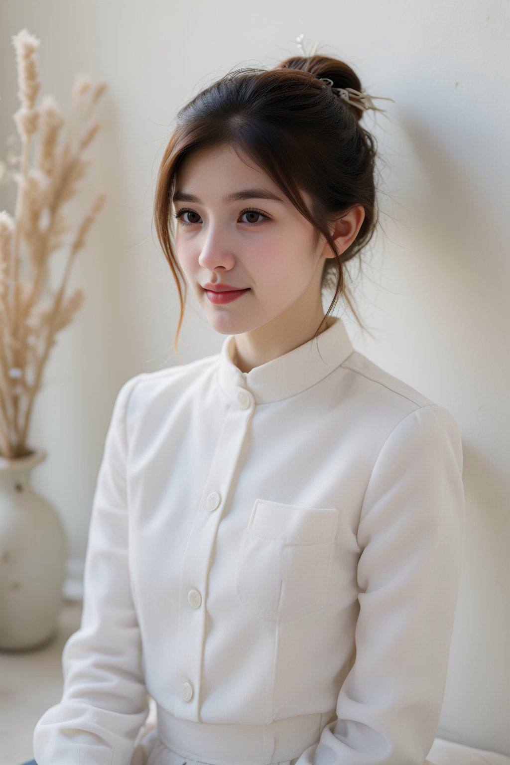 The image features a photograph of a young Asian woman with light skin and dark brown hair,  tied up in a bun with a small...