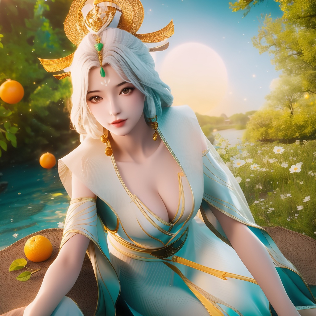 <lora:820-DA-念无双-无双:0.8>, (,1girl, ,best quality, ),,  ,ultra realistic 8k cg,, ,masterpiece, (( , )),, ,      ,  orange blossoms,  (cleavage),,  (), ,(sit),