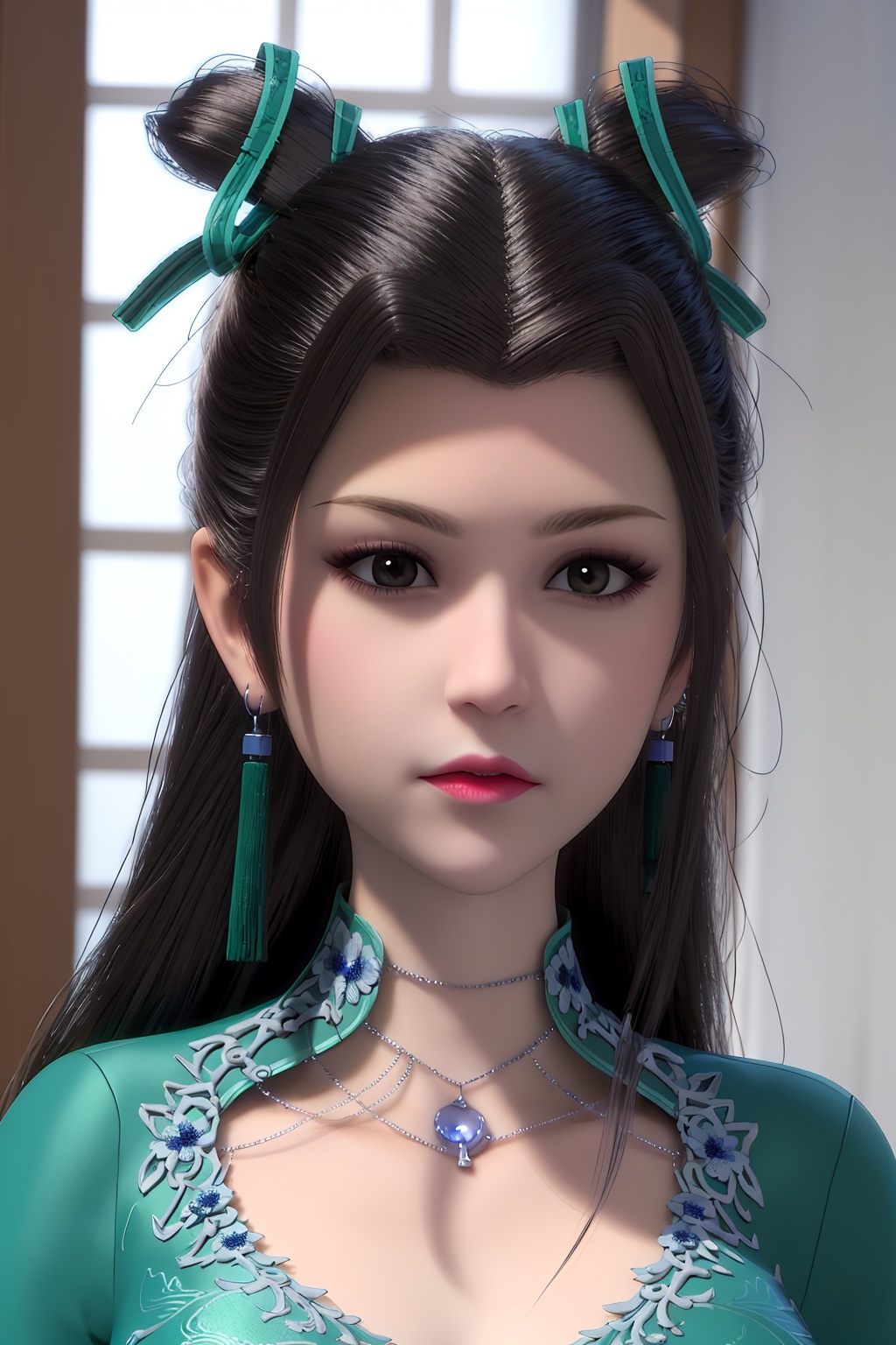 3D,masterpiece,(best quality),(makeup),official art, extremely detailed cg 8k wallpaper,((crystalstexture skin)), (extremely delicate and beautiful),(highly detailed),(face),(collar),(closed_mouth),(1girl), (solo), (jewelry), (earrings),(black_hair),(long_hair),(hair_ornament),(handwear),(breasts),((portrait)),(dress),(shiny_clothes),(city,indoor),(cheongsam),,((looking_at_viewer)),((Facing the camera)),, <lora:hipoly3DModelLora_v10:0.3>
