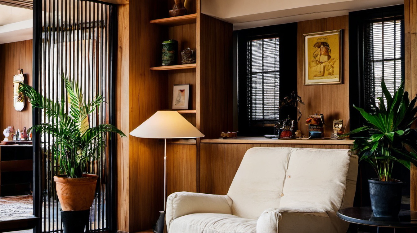 <lora:nanyang XL2.0:0.6>,no humans,lamp,indoors,chair,table,window,potted plant,shelf,plant,incredibly absurdres,realistic,