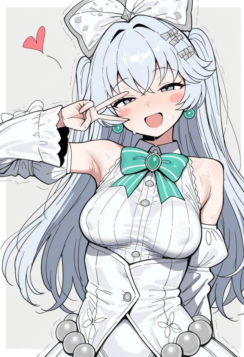 1girl :d bare_shoulders beads blue_eyes blue_hair blue_shirt blush_stickers bow bowtie breasts breasts_apart brooch detach...