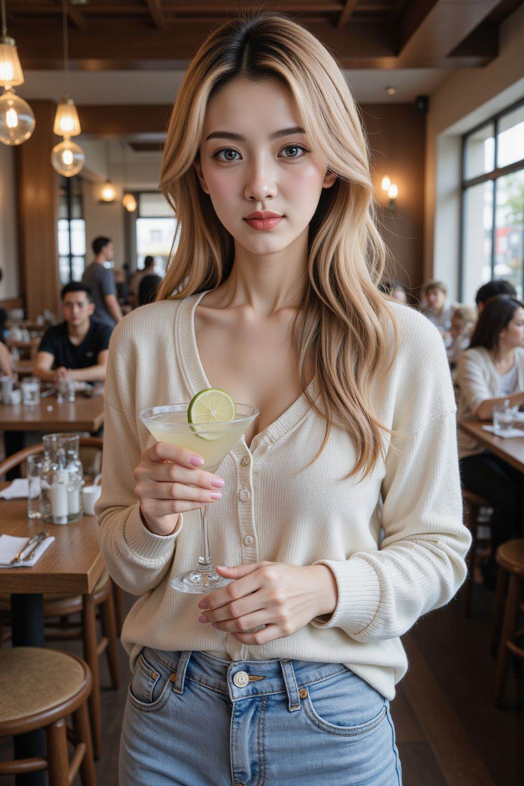 HDR photo of cinematic film still young woman standing in a restaurant, holding a cocktail glass with a slice of lime. She is wearing a light-colored sweater and jeans, blue eyes, blonde hair, The restaurant has wooden tables and chairs, with several people seated at different tables. The lighting is warm, with pendant lights hanging from the ceiling. The background includes large windows that allow natural light to enter, and there are some decorative elements on the walls. The overall atmosphere appears to be casual and relaxed.
