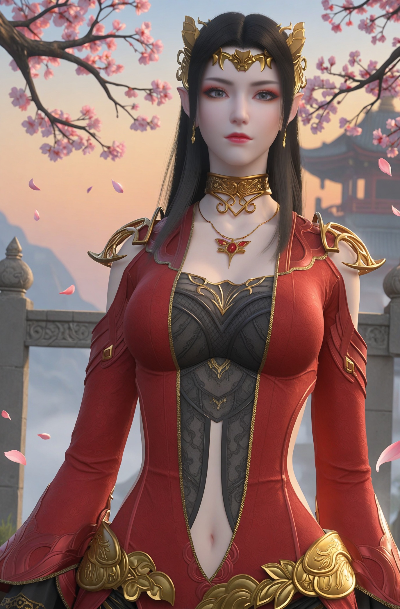 (upper_body:1.1),looking_at_viewer,fantasy,dreamlike,Pastel Colors,hyper realistic,southeast asia,aestheticism,beautiful detailed sky,chinese mythology,wonderland,peach blossom,falling petals,smog,yunxia,<lora:YQ_li光辉v5_meidusha_V7:0.8>,q1528437228,solo,1girl,long_hair,black_hair,jewelry,pointy_ears,earrings,necklace,hair_ornament,dress,red_dress,navel,brown_hair,choker,realistic,cleavage,tiara,long_sleeves,clothing_cutout,armor,grey_eyes,black_eyes,skirt,shoulder_armor,eyeshadow,