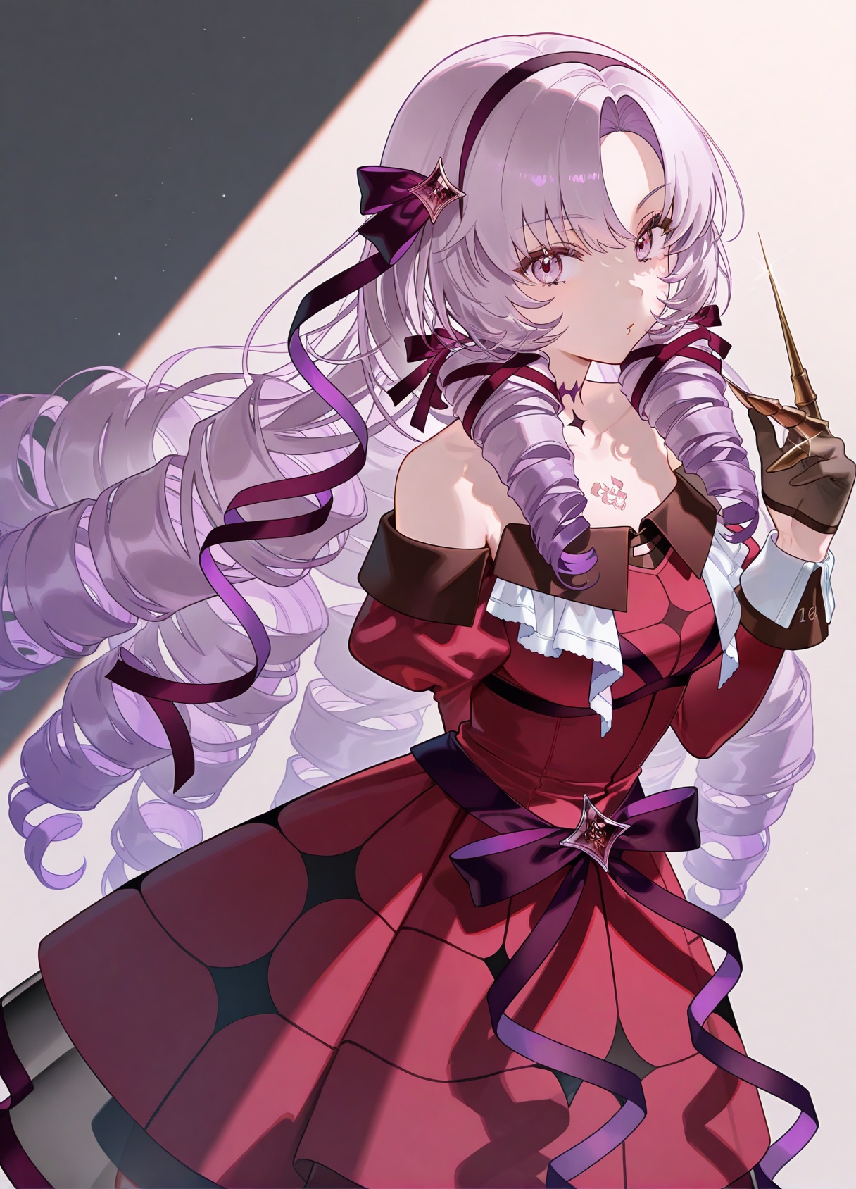 20,hyakumantenbara salome,virtual youtuber,long hair,red dress,1girl,dress,claw ring,drill hair,gloves,purple eyes,holding,solo,black gloves,purple hair,looking at viewer,puffy sleeves,bare shoulders,long sleeves,ribbon,off-shoulder dress,hair ribbon,parted bangs,purple ribbon,juliet sleeves,off shoulder,very long hair,red sleeves,chest tattoo,detached sleeves,hairband,