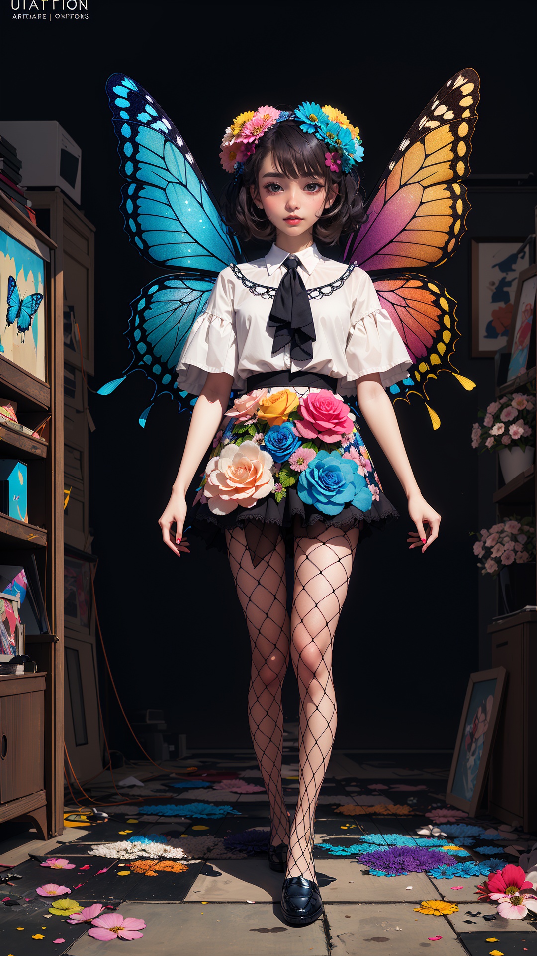 (tutututu),fishnet pantyhose,loafers,<lora:merged_0002:1>,(masterpiece:1.1),(highest quality:1.1),(HDR:1),ambient light,ultra-high quality,( ultra detailed original illustration),(1girl),((harajuku fashion)),((flowers with human eyes, flower eyes)),double exposure,fusion of fluid abstract art,glitch,(original illustration composition),(fusion of limited color, maximalism artstyle, geometric artstyle, butterflies, junk art),