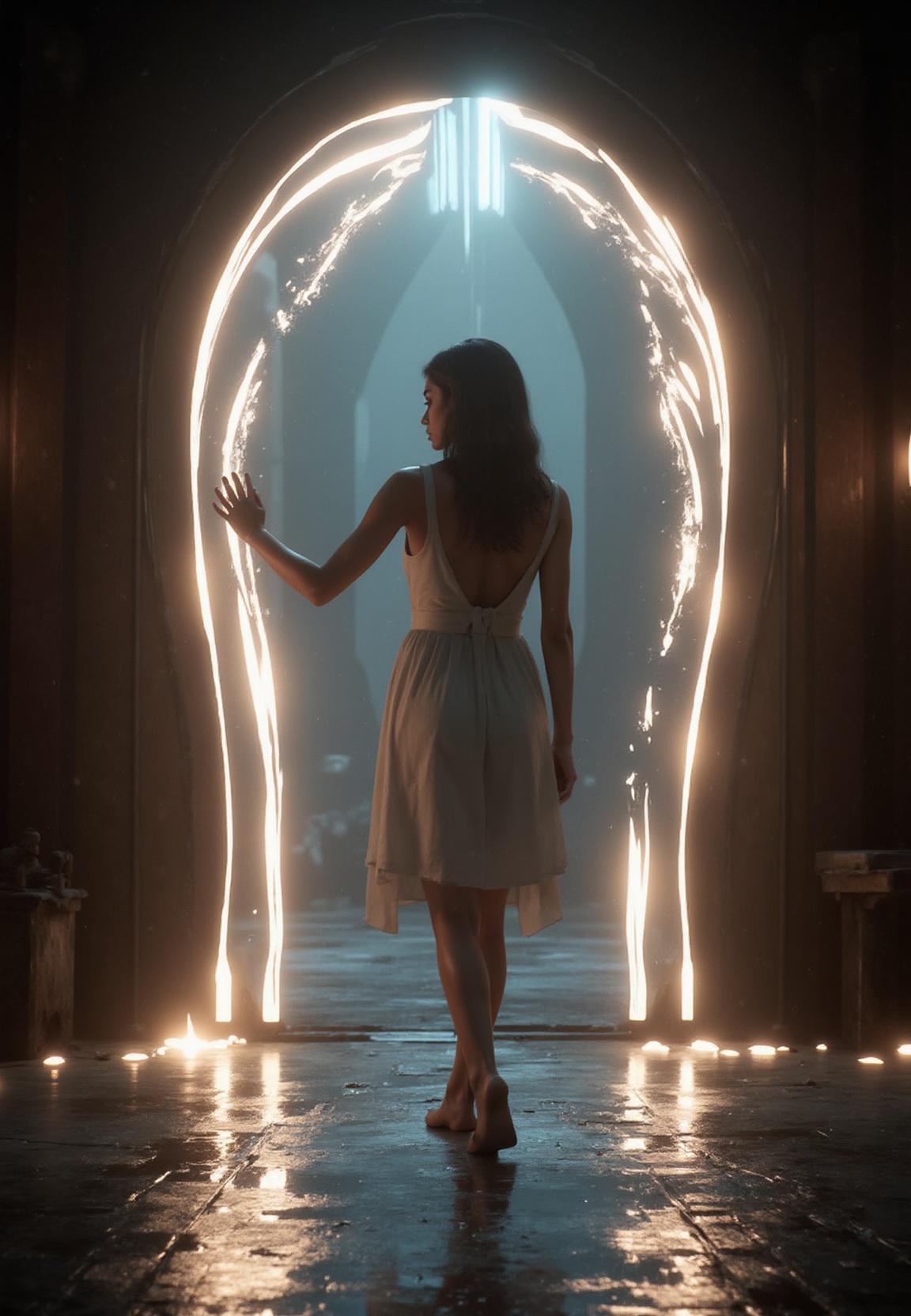 A young woman stands at the threshold of a magical mirror,  her body split between two worlds. One half of her remains in...