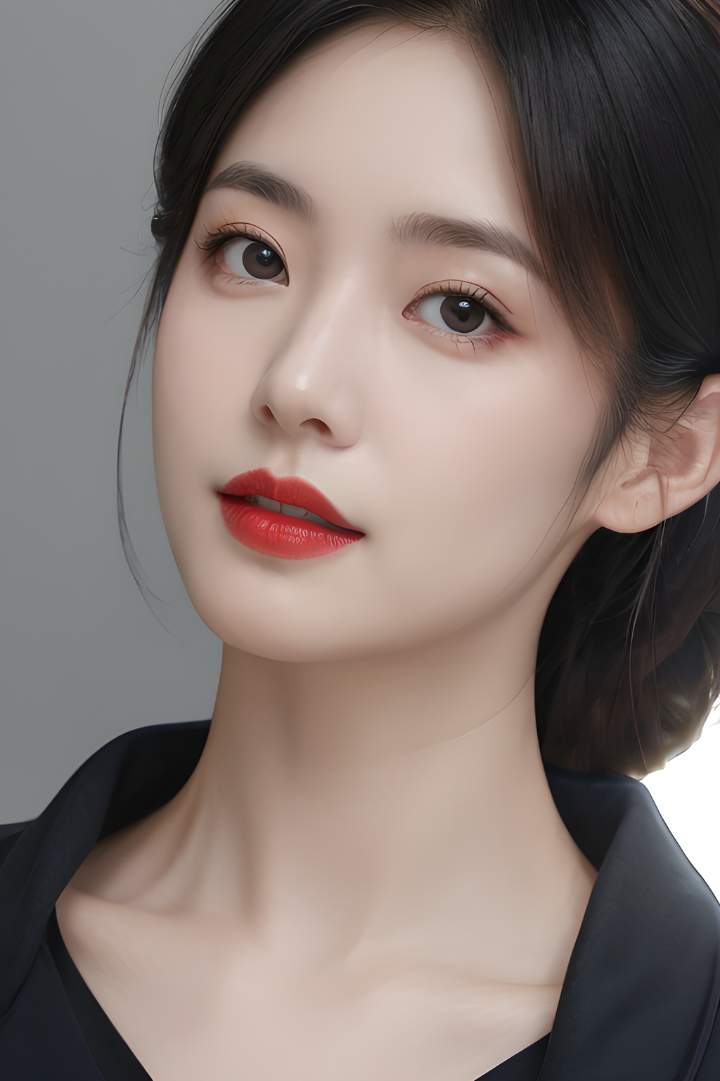 <lora:0805_01:0.7>,mugglelight, there is an asian woman with a red lipstick and a black shirt, solo, male focus, portrait, black hair, black eyes, close-up,, 1girl,realistic,masterpiece, best quality, photorealistic, HDR,detail