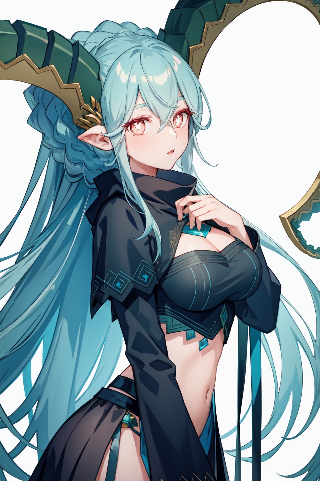tiamat_(fate),1girl,curled_horns,symbol-shaped_pupils,large_breasts,solo,looking_at_viewer,braid,+_+<lora:tiamat_(fate):1>,simple background,white backgroundmasterpiece,best quality, highly detailed, 