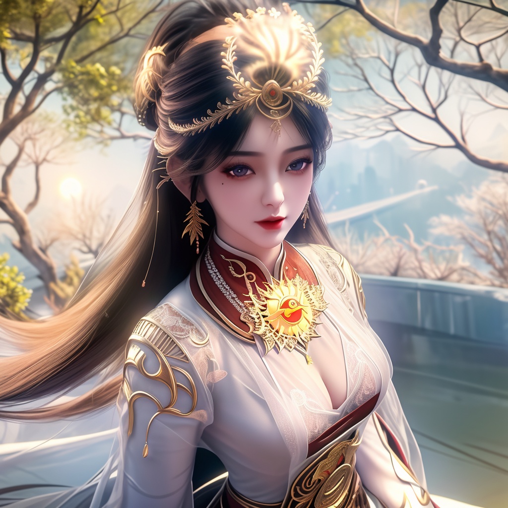 <lora:770-DA-完美世界-火灵儿-婚服:0.8>, (,1girl, ,best quality, ),looking at viewer,  ,, ultra detailed background,ultra detailed background,ultra realistic 8k cg,,masterpiece, (( , )), fiction,mole,  ,     ,see-through, lace, (cleavage),, (((, solo, sun, , bare_tree, )))