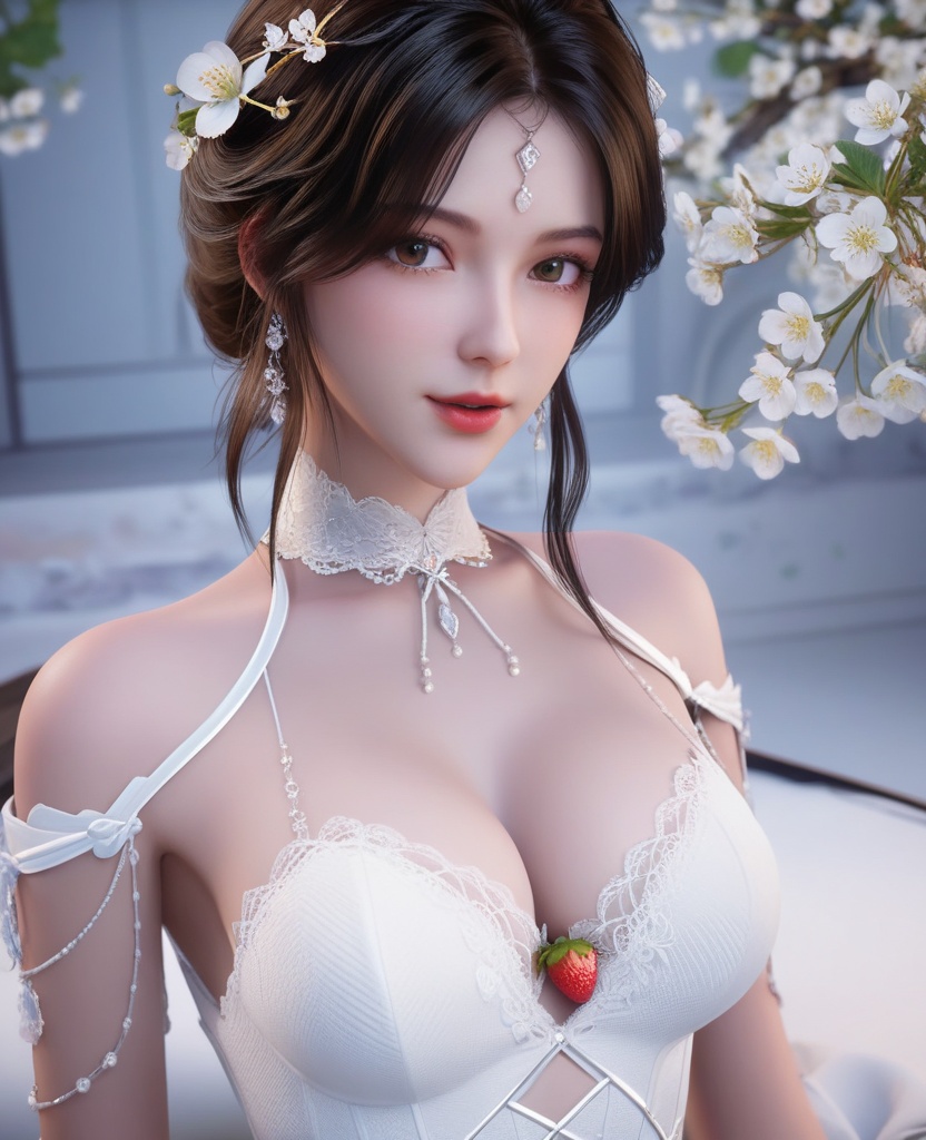 <lora:613-DA-XL-神印王座-白玥:0.8>(,1girl, ,best quality, ),looking at viewer,masterpiece, (( , )),ultra realistic 8k cg, ,    ,cleavage,strawberry blossoms,lace , (cleavage), (),