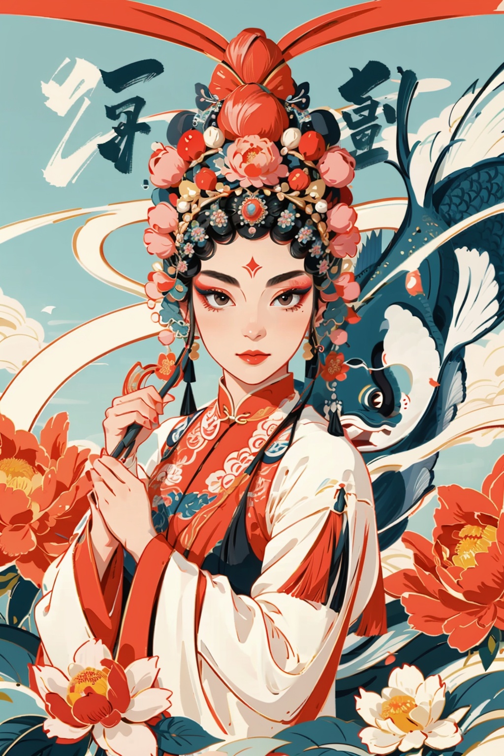((masterpiece)), best quality, perfect anatomy,8K wallpaper,mChinaChic, 1girl, flower, solo, peony \(flower\), black hair, makeup, long sleeves, smoke, fish, Koi, looking at viewer, upper body, long hair, tassel, holding, red flower,  peking opera, Chinese opera coronal, red ribbon banner, Chinese opera costume,flag, text on ribbon<lora:mChinaChic_v1:0.8>