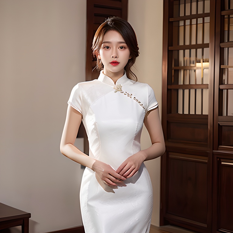1girl, white_cheongsam <lora:旗袍:0.8>white_cheongsam