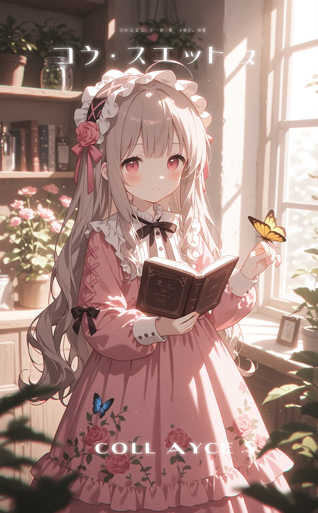 masterpiece,very aware,highres,absurdres,newest,best quality,loli,petite,high quality,chromatic_aberration,cinematic_angle,dutch angle,//,konya karasue,1girl,bug,butterfly,jar,book,pink dress,dress,frills,frilled dress,window,solo,smile,flower,holding,hairband,looking at viewer,long hair,indoors,red eyes,blush,hair ornament,open book,shelf,butterfly on hand,holding book,blue butterfly,closed mouth,long sleeves,pink flower,hair flower,frilled hairband,bow,plant,collared dress,ribbon,lolita hairband,lolita fashion,floral print,bookshelf,dress bow,puffy long sleeves,grey hair,frilled collar,blunt bangs,blurry,frilled sleeves,bowtie,standing,fruit,neck ribbon,pink ribbon,black bow,cover,food,light brown hair,wavy hair,ahoge,headdress,day,blurry foreground,puffy sleeves,brown hair,very long hair,black ribbon,collar,pink bow,dot nose,depth of field,dated,potted plant,sunlight,leaf,sweet lolita,yellow butterfly,sleeve cuffs,light blush,cover page,bottle,cowboy shot,black bowtie,animal,maid headdress,sidelocks,book stack,pink theme,pink rose,white collar,looking at animal,hair ribbon,jewelry,cabinet,petticoat,feet out of frame,medium dress,frilled shirt collar,rose print,print dress,red bow,black hairband,red ribbon,long dress,buttons,hair bow,hands up,red flower,split mouth,bookmark,hand up,hanging plant,backlighting,brown bow,eyelashes,pink eyes,blurry background,light smile,curly hair,layered dress,sleeve bow,artist,