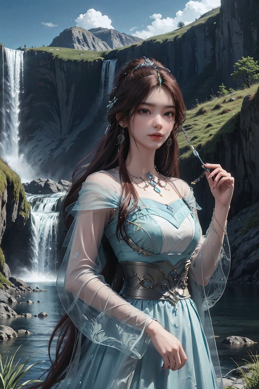 masterpiece,best quality,official art,extremely detailed CG unity 8k wallpaper,1girl,upper body,waterfall,mountain,water,<lora:叶倾仙:0.55>,grass,