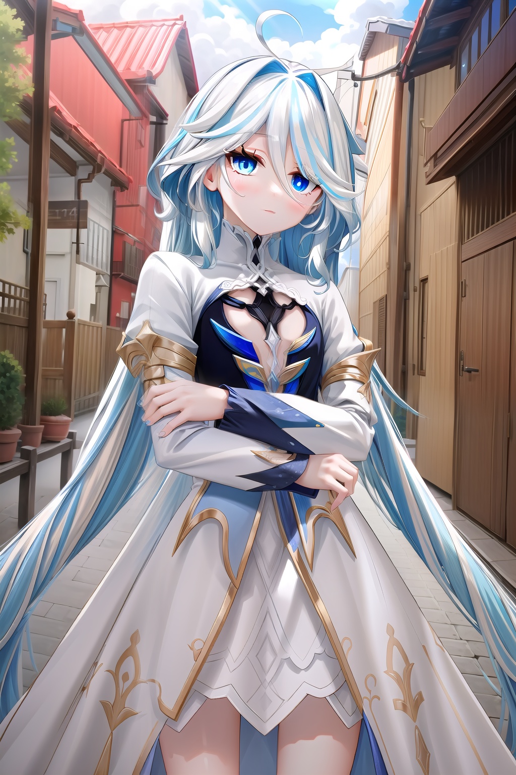 (masterpiece, best quality:1.2),Focalors,white dress,barefoot,clothing cutout,blue nails,long hair,heterochromia,long sleeves,neck ruff,standing,outdoors,<lora:Furina-000006:1>,