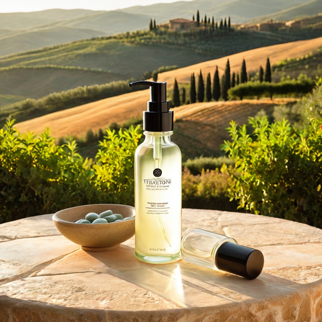 scenetuscastone,  a glass skincare bottle,  Tuscan stone terrace table on Tensor.Art