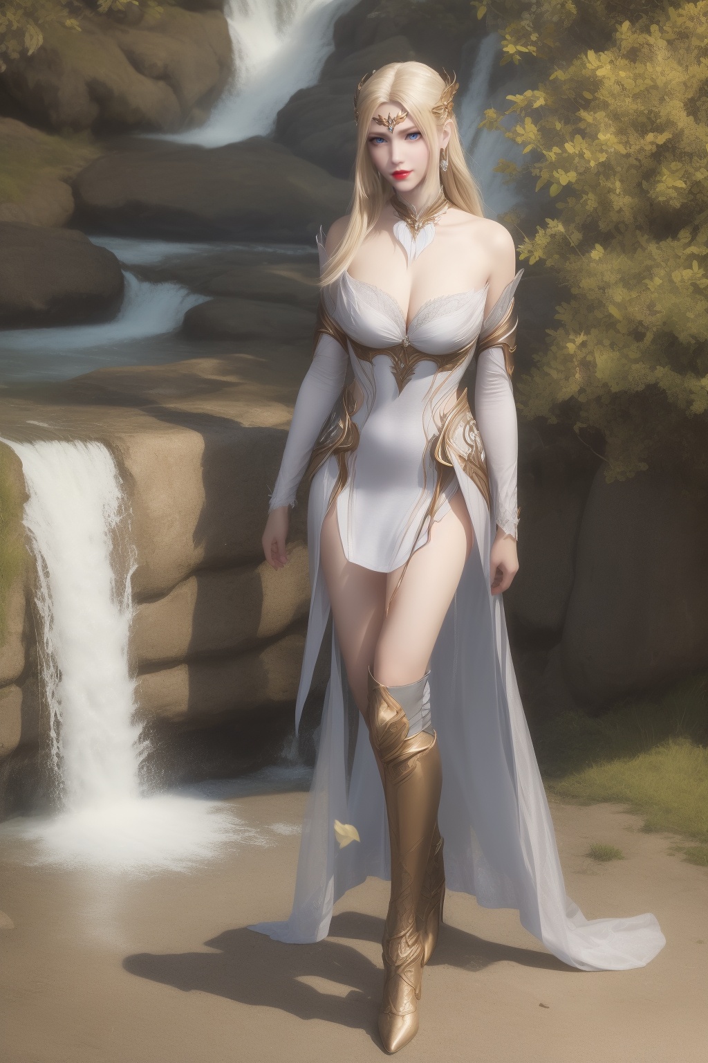ultra realistic 8k cg,flawless,clean,masterpiece,professional artwork,famous artwork,perfect face,beautiful face,best quality,full_shot,absurdres,shenfengQianRenXue,1girl,solo,armor,dress,standing,feathers,blonde hair,blue eyes,detached collar,detached sleeves,circlet,torogao,smile,makeup,red lips,breasts,large breasts,jewelry,earrings,hair ornament,(outdoors:1.4),water,waterfall,butterfly,flower,long hair,realistic,looking at viewer,boots,high heels,<lora:shenfengQianRenXue_20240104234202-000004:0.7>,