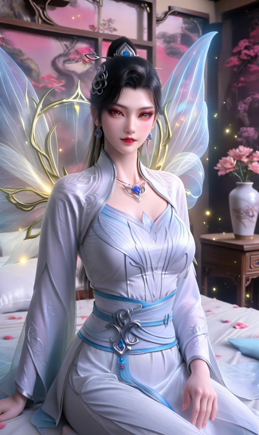 (round breast:1.2) BREAK fair_skin,volumetric,smooth skin,(extremely detailed eyes:1.3),pale skin,looking_at_viewer,bedroom,bed,pillow,indoor,petals,dynamic composition,<lora:RealSkin真实皮肤_xxXL_v1:0.7>,3D photorealistic character,3D cinematic photorealistic character,hyperrealistic skin with subsurface scattering,detailed eyes with tiny blood vessels,lifelike hair with light refraction,high-fidelity clothing with woven texture,high polygon count for anatomical accuracy,16K resolution,advanced ray tracing,natural eyelid creases,PBR materials with roughness maps,PBR materials,area light source,soft shadow layering,70mm lens depth of field,realistic muscle contours,subtle micro-expressions,anti-aliasing,**clear sclera blood vessels,realistic eye gloss**,soft golden glow,glittering particles,natural tissue layer differentiation,realistic skin subsurface scattering,surreal,highly detailed BREAK <lora:性张力Expressive_H-000001(1):0.4>,<lora:真实感增强make25d_xl_v10:0.7>,nice hands,the perfect hand,with a high-end texture,<lora:皮肤凹痕:0.1>,skindentation,<lora:gufeng_impasto_2:0.4>,gufeng,<lora:gwmdetail_lora_r64_sdxl:0.7>,sitting,wariza,<lora:青玄_青仙子v50_illust:0.8>,1girl,solo,qxz,hair bun,black hair,jewelry,white dress,wings,dress,hair ornament,single hair bun,sash,necklace,earrings,long hair,long sleeves,
