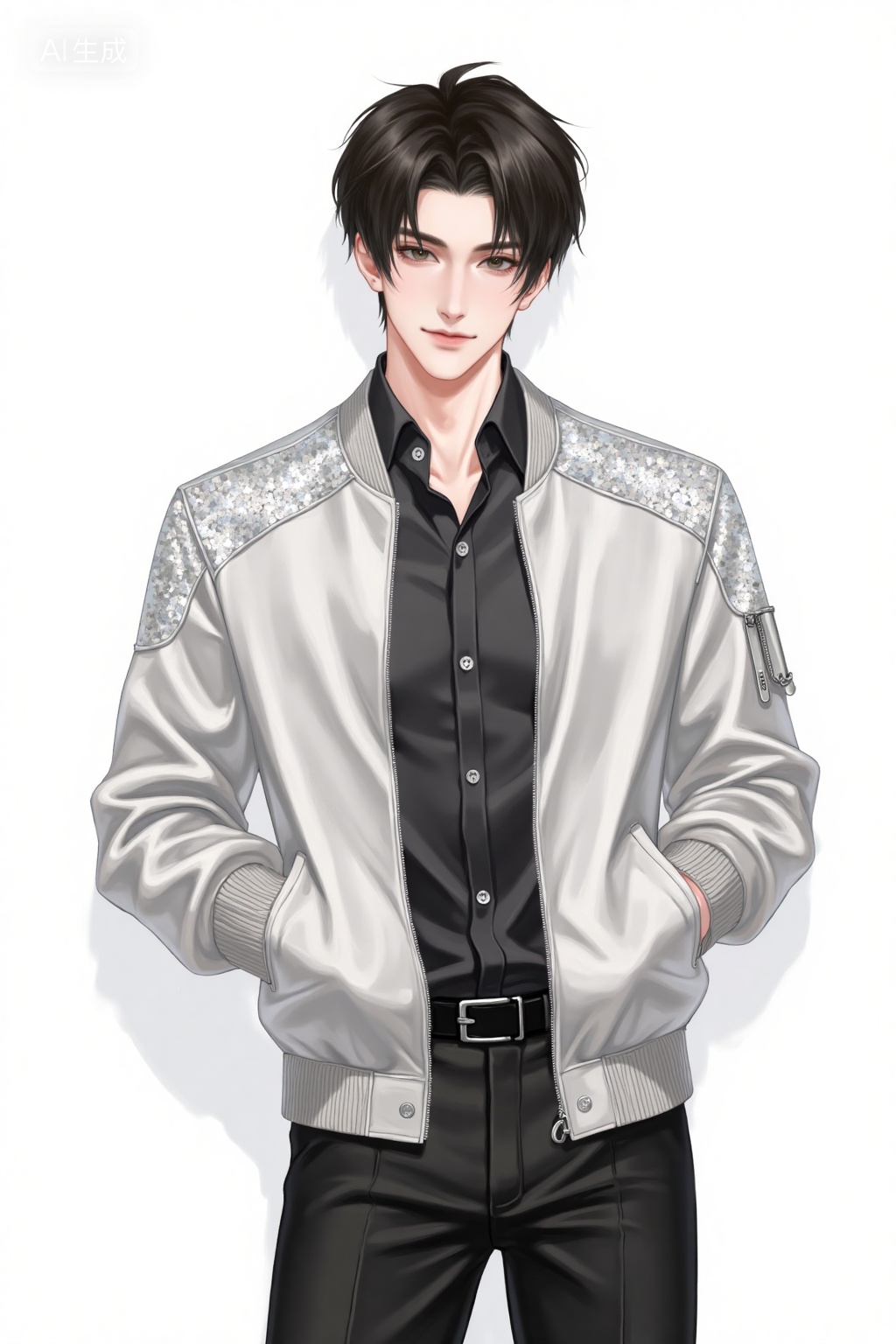 Realistic anime drawing of handsome young man,,  idol in a silver-sequined bomber jacket stands against a plain white backdrop, his hands casually tucked into tailored black trousers., Negative prompt: ng_deepnegative_v1_75t,(badhandv4:1.2),EasyNegative,(worst quality:2),,nsfw, Steps: 30, Sampler: Euler, CFG scale: 3.5, Seed: 2128571586, Size: 1024x1536, Model hash: 8cba4f1ef4, Model: F.1基础算法模型-哩布在线可运行_F.1-dev-fp8.safetensors, Denoising strength: 0, RNG: CPU, Lora 1: 20251118, Lora Hash 1: d7ed8b5205, Lora Weight 1: 1.0, vae_name: automatic