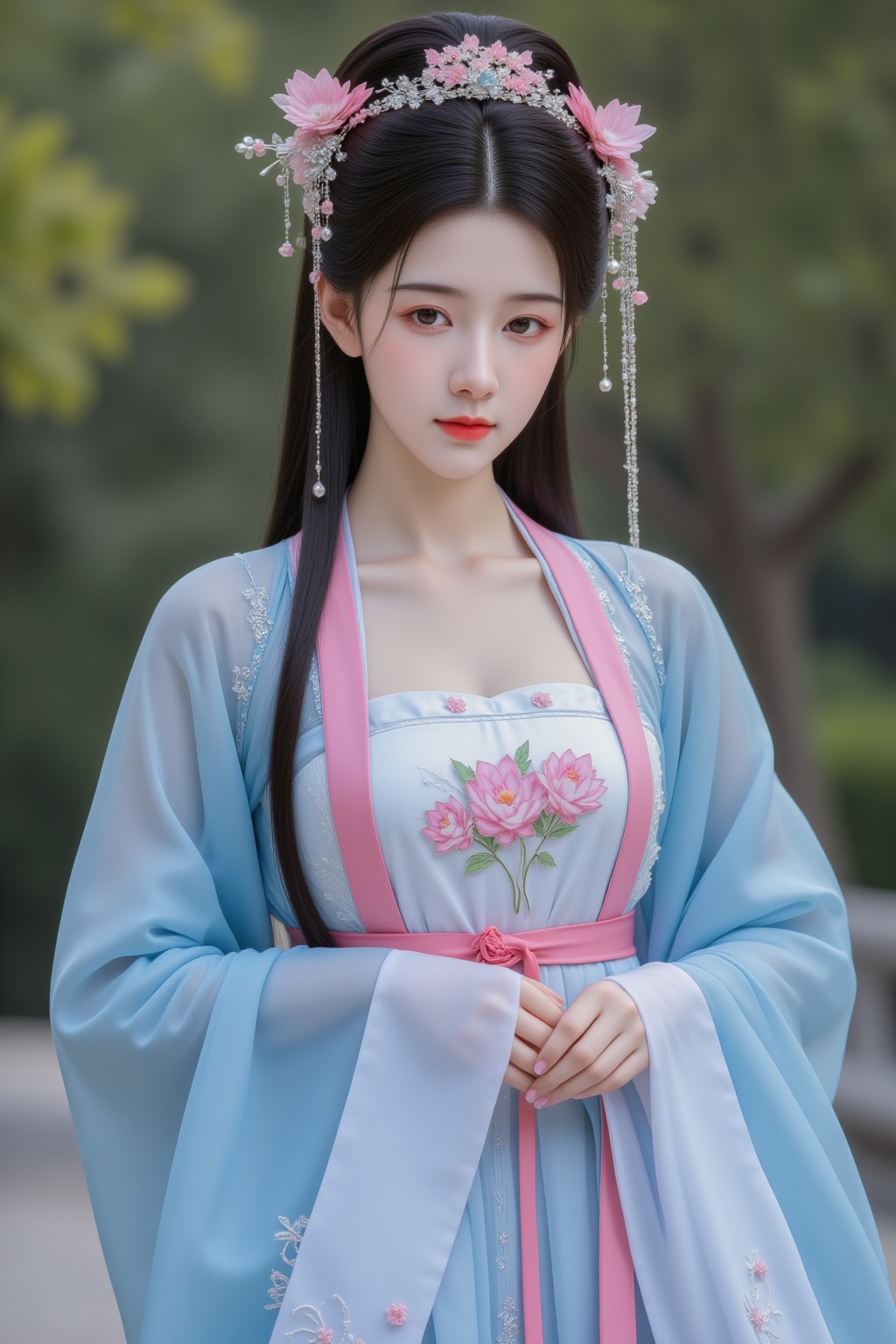 Cinematic photo a photograph of a woman with fair skin and long black hair,blue and pink and white hanfu, outdoors,