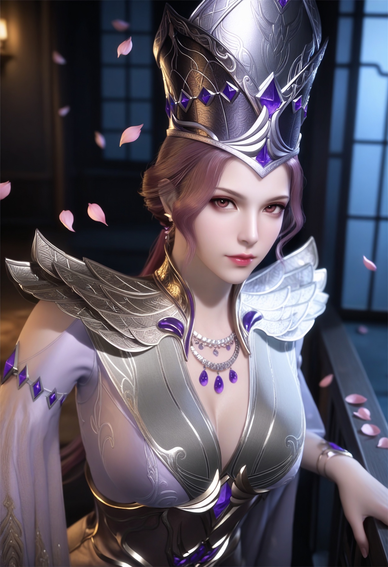 masterpiece,best quality,amazing quality,very aesthetic,high resolution,ultra-detailed,absurdres,scenery,photorealistic,(looking at viewer:1.1),upper body,(Dark room:1.3),(moody lighting:1.1),peach blossom,falling petals,(large breasts:0.8),bibidong,1girl,solo,jewelry,gem,armor,brown hair,hat,lips,necklace,brown eyes,earrings,cleavage,crown,long hair,dress,red eyes,makeup,ponytail,short hair,pantyhose,pink hair,purple hair,shoulder armor,long sleeves,high heels BREAK photorealistic details,<lora:QQSillbibidongV1:0.8>,