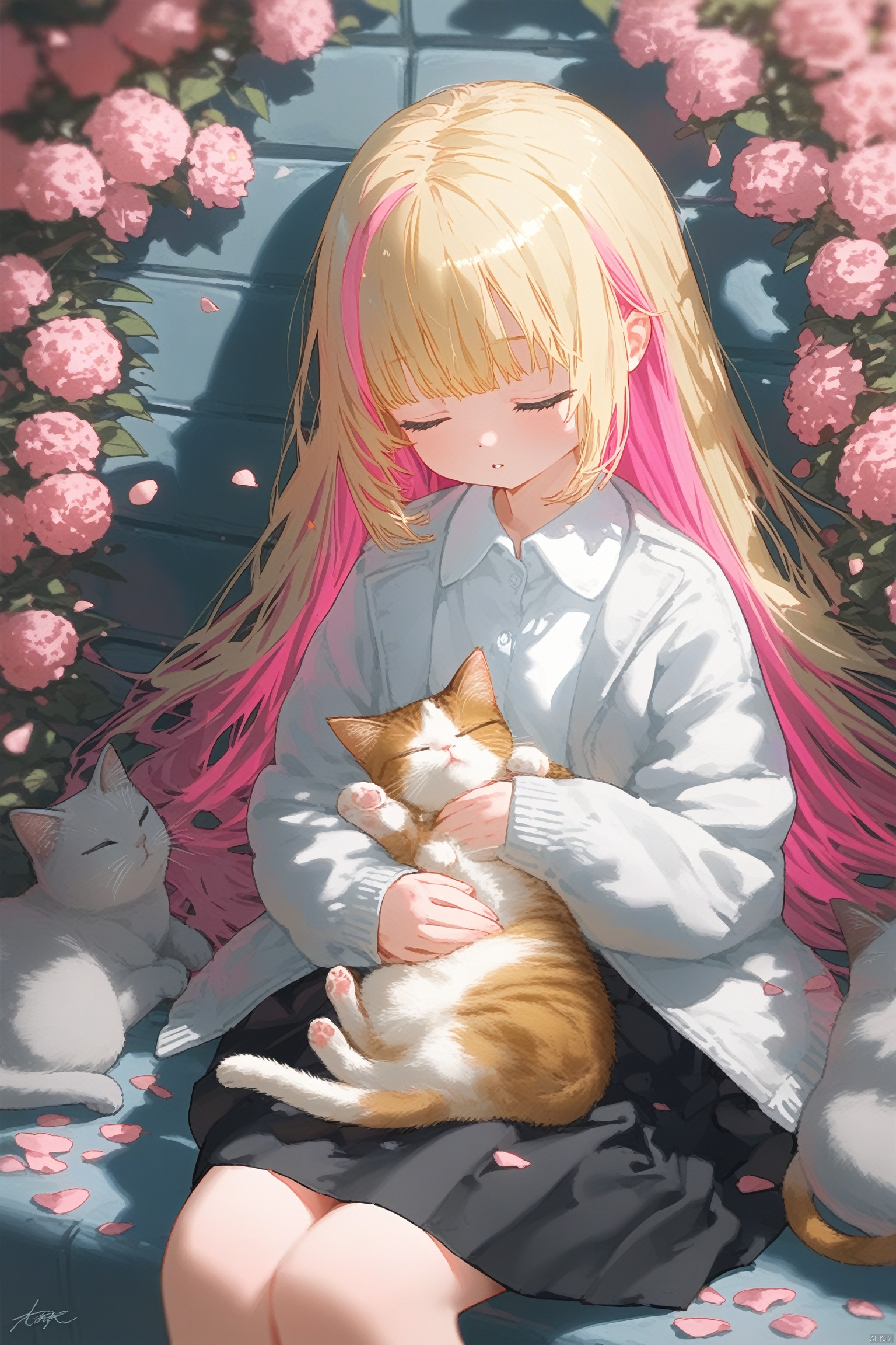 1girl, solo, signature, closed_eyes, multicolored_hair, cat, sleeping, skirt, pink_hair, sitting, jacket, shirt, petals, flower, collared_shirt, animal_on_lap, white_shirt, on_lap, blonde_hair, two-tone_hair, parted_lips, colored_inner_hair, long_sleeves, pink_flower, black_skirt