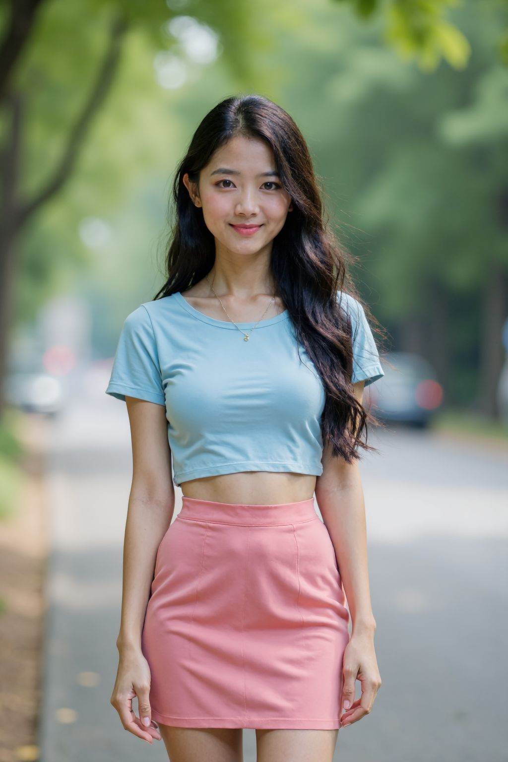 HDR photo of cinematic film still, This is a photograph of a young Asian girl, solo, long hair, large breasts, looking at viewer, smirk, black hair, shirt, navel, brown eyes, standing, short sleeves, outdoors, pink miniskirt, day, midriff, blurry, tree, lips, crop top, blurry background, light blue shirt, high heel shoes, realistic, arms at sides, road, street, photo background, extremely slim waist, girlm,